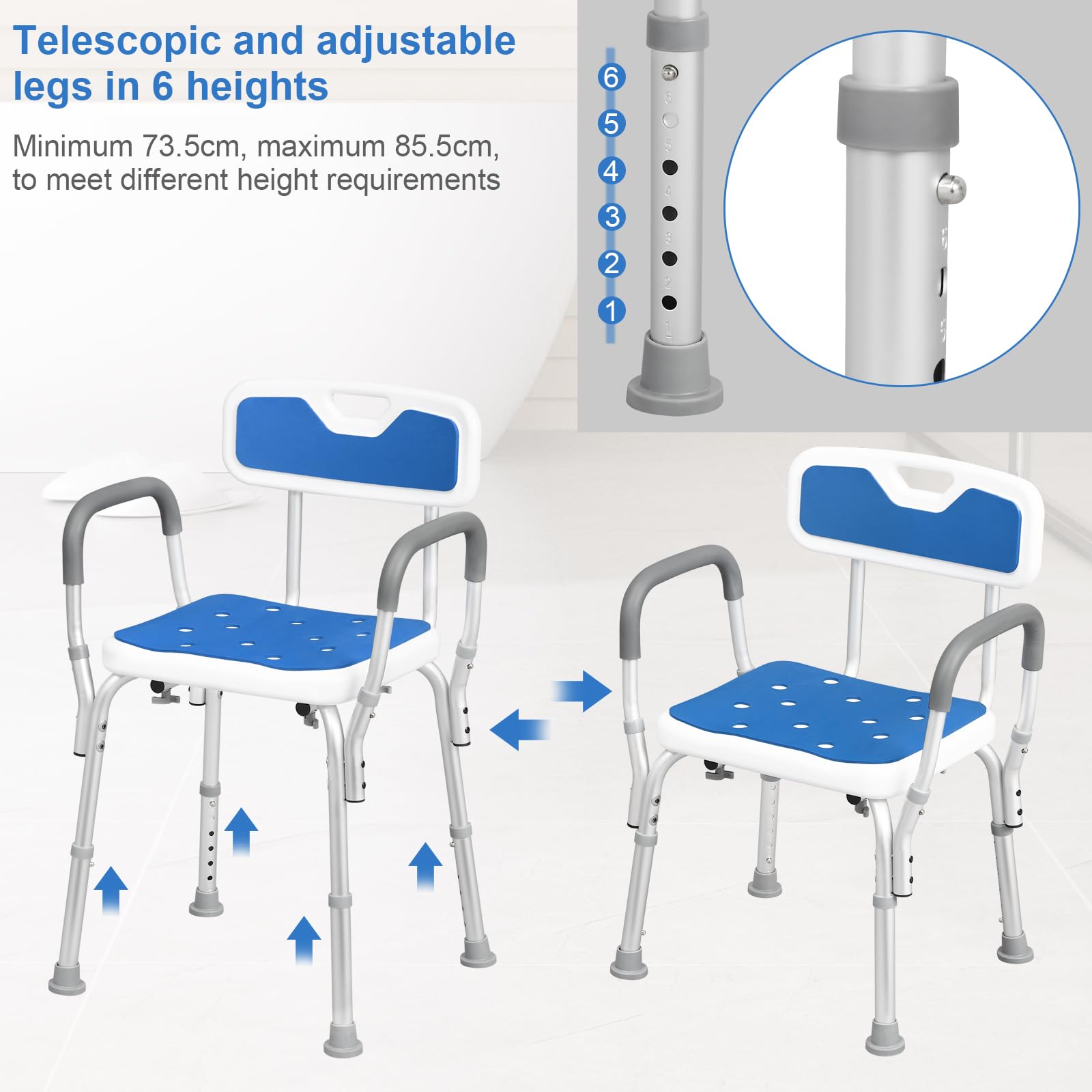 EUGAD Sgabello da Bagno Regolabile, Sgabello con Braccioli e Schienale, Sedia da Doccia per Anziani, Disabili, Sedile in PE, Gambe in Alluminio, Blu+Bianco