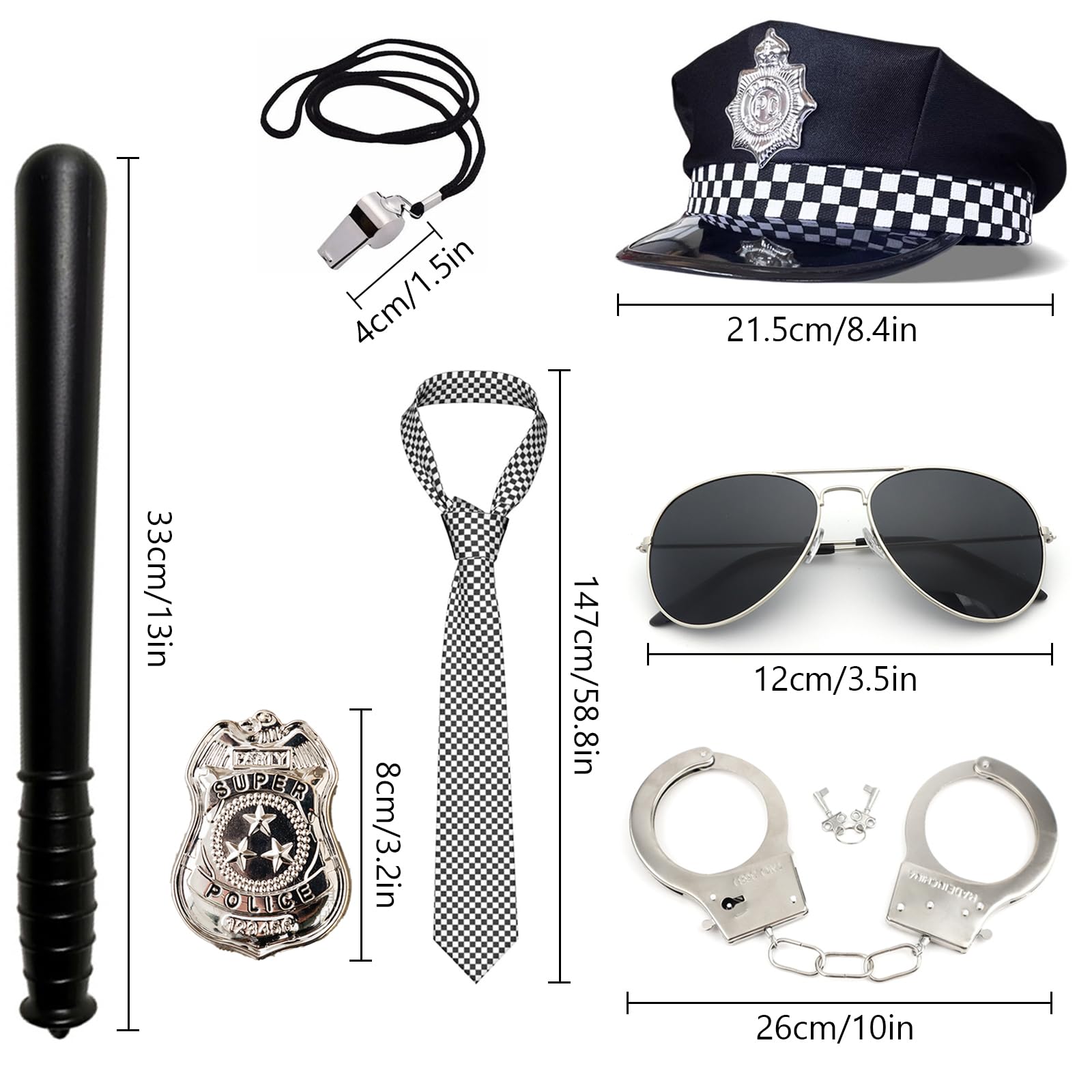 Qylazune Police Halloween Costume Accessories Set 7 Piece Cop Kit Includes Hat, Sunglasses, Whistle, Handcuffs, Tie - Image 2