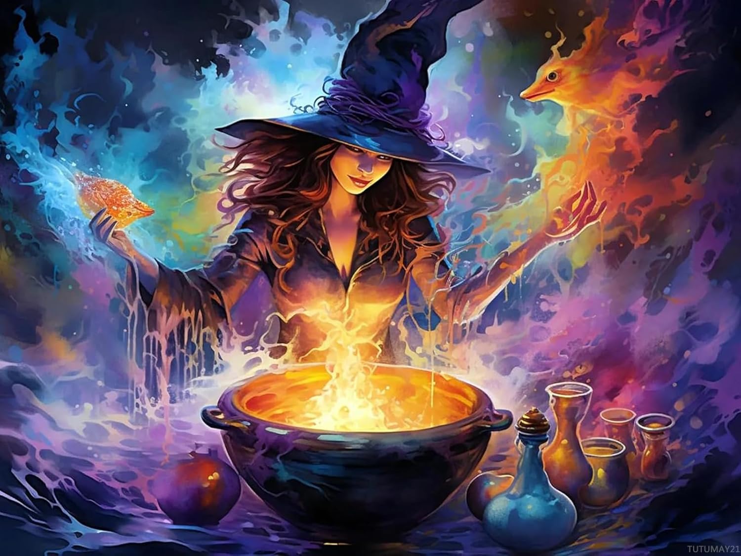 TUTUMAY21 Beautiful Witch Diamond Painting Art Full Round Drills Diamond Painting Kits DIY Adult Crystal Cross Stitch Crafts for Christmas Xmas Holiday Decor 12x16inch