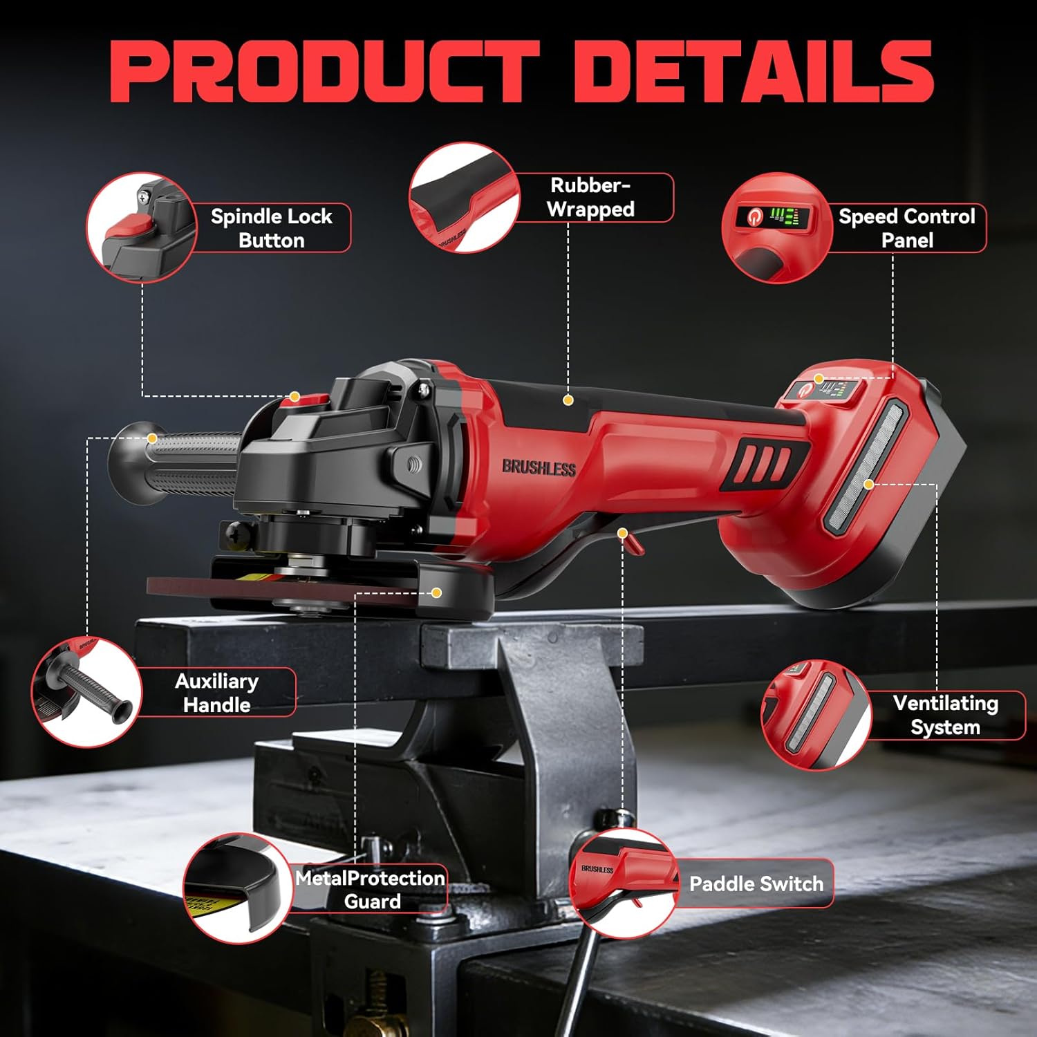 Ecarke Angle Grinder Compatible with Milwaukee 18V Battery, with Paddle Switch & Brushless Motor, 4-1/2-Inch to 5-Inch, Cordless Angle Grinder Tool for Polishing, Grinding, Cutting(Tool only)