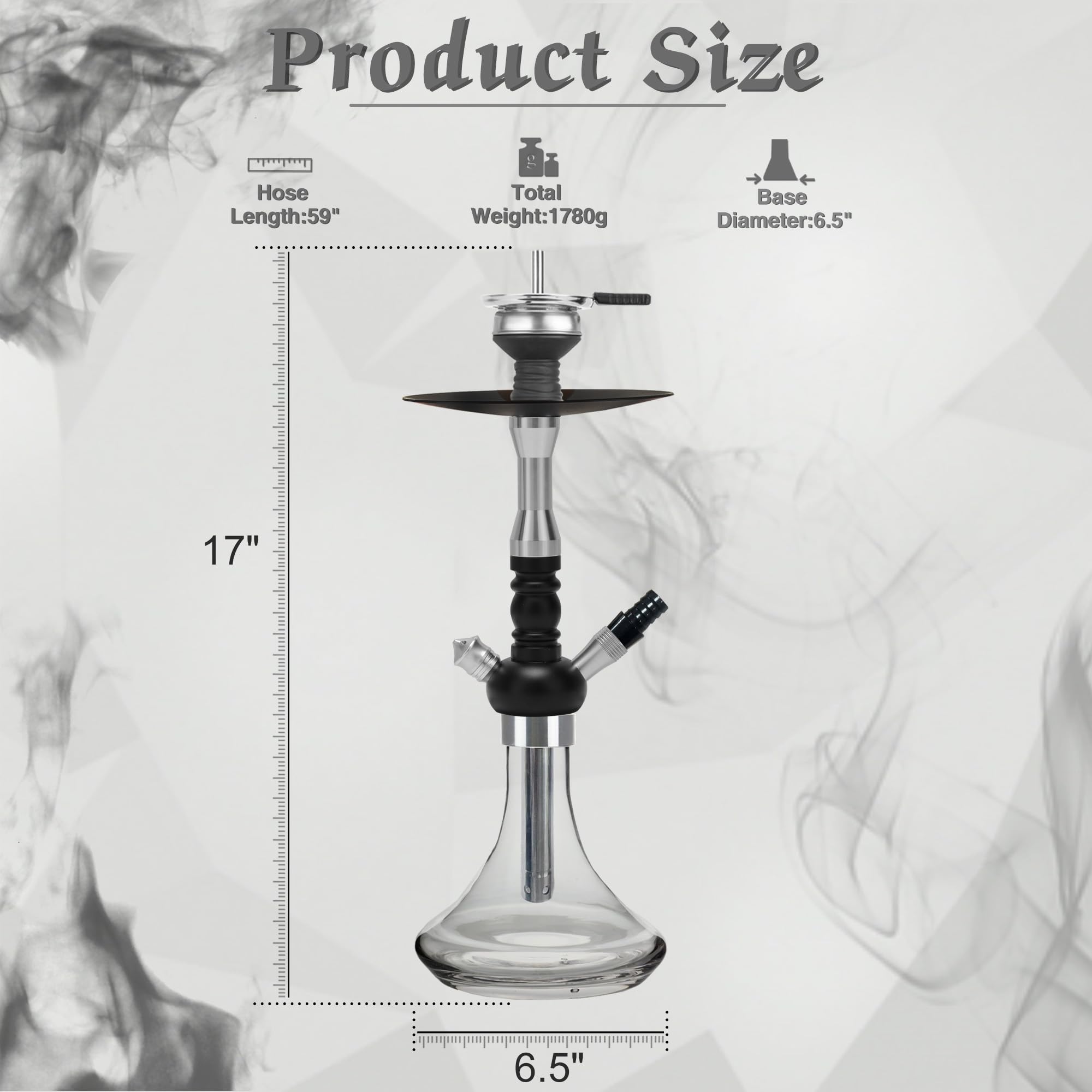 Glass Hookah Set completo con todo de aleación de aluminio con difusor Manguera de silicona lavable Caucho Chisha Bowl Dispositivo de gestión de calor Pinzas de carbón(Transparencia)