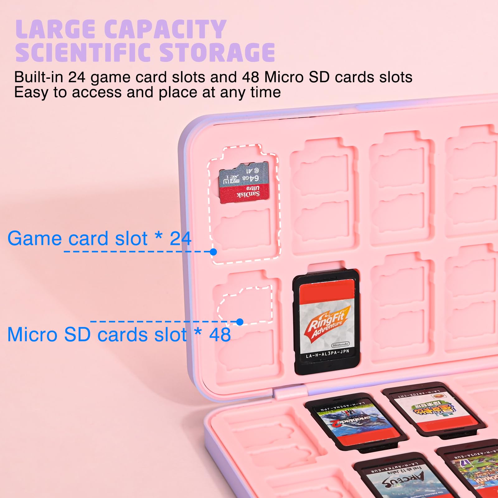 DLseego Étui pour Cartes de Jeu Compatible avec Switch/Switch OLED/Switch Lite,Carte de Jeu Support Rangement avec 24 Cartes de Jeu et 48 Emplacements pour Carte Micro SD-Rose Violet Dégradé