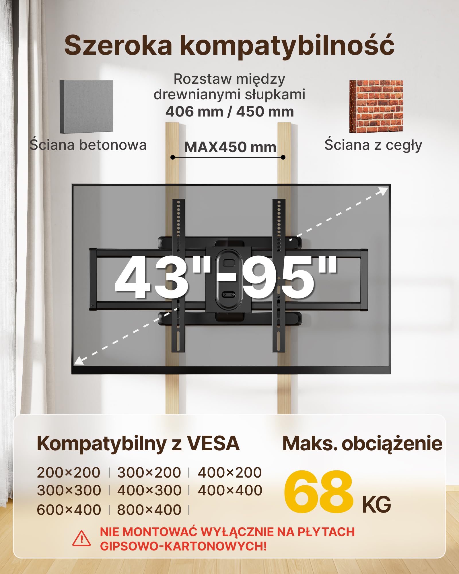 monTEK Uchwyt ścienny do telewizora 43–95 cali, do 60 kg, VESA do 800 x 400 | W pełni ruchoma konstrukcja z podwójnym ramieniem, wysuwana do 56 cm, beznarzędziowe nachylenie i wychylenie, stabilniejszy
