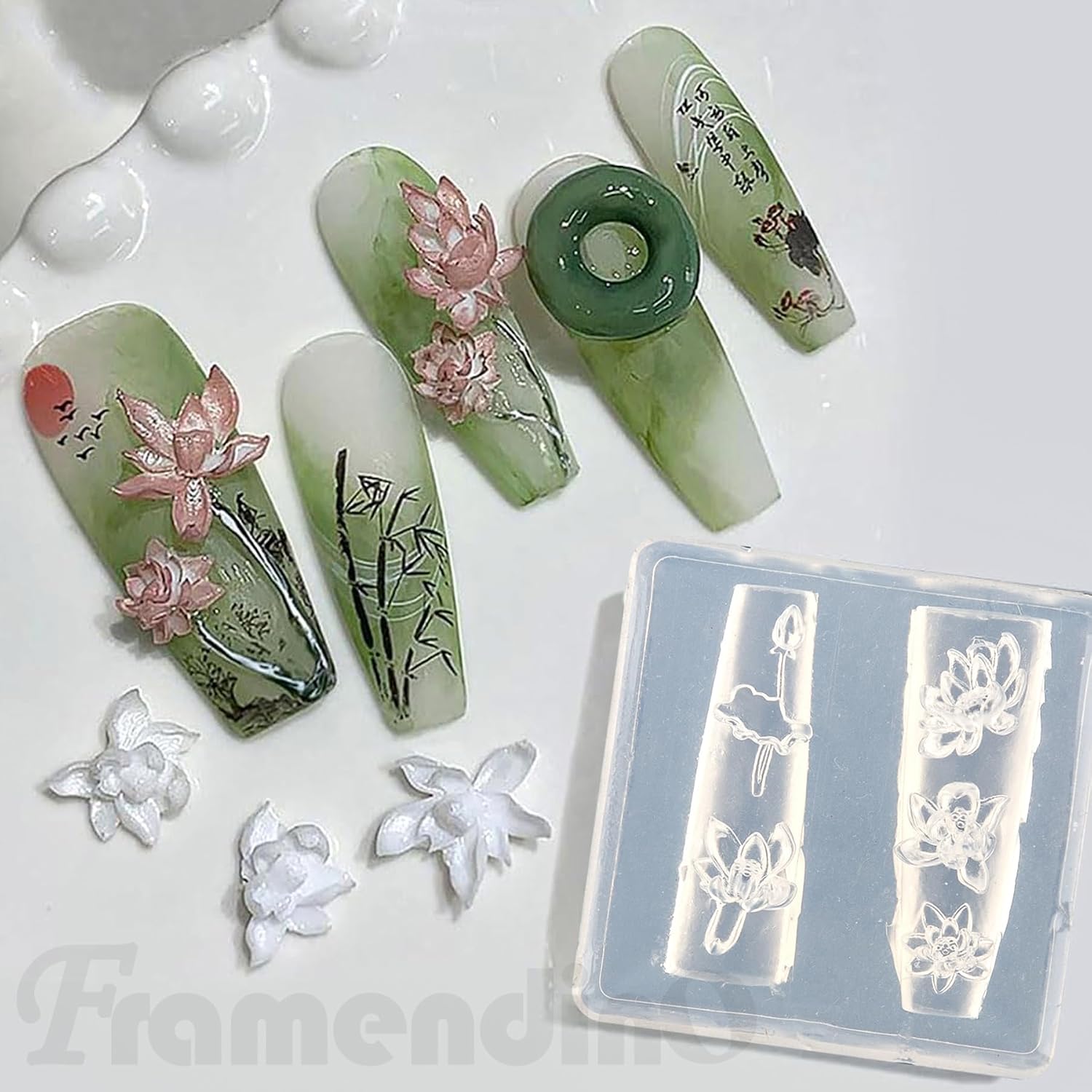 Framendino, 2 Pack 3D Lotus Flower Nail Art Silicone Mold Resin Floral Carving Template for Manicure Supplies
