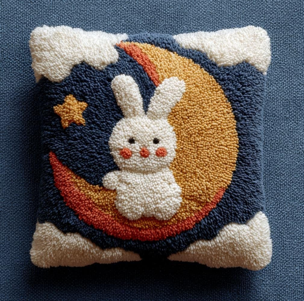 Henypt Latch Hook Pillow Making Kit 43x43cm,Rabbit on the Moon Printed Canvas Needlework Set,Relaxing Handmade Craft for Home Bedroom Decoration