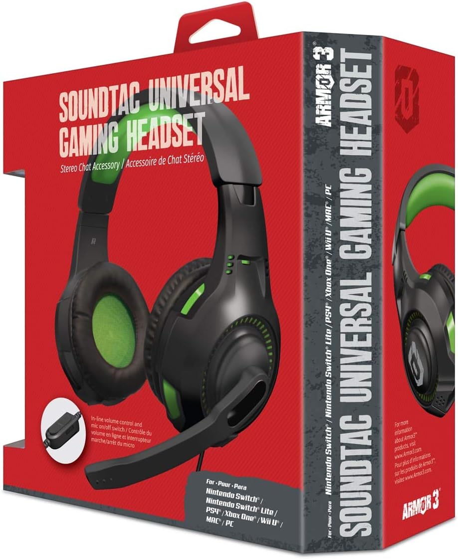 Armor 3 SoundTac Universal Gaming Headset with Inline Volume Control -Green | Compatible with Switch 2/Switch/Xbox Series X|S, PS5/PS4/PC with Clear Stereo Sound, 4 ft. Cable