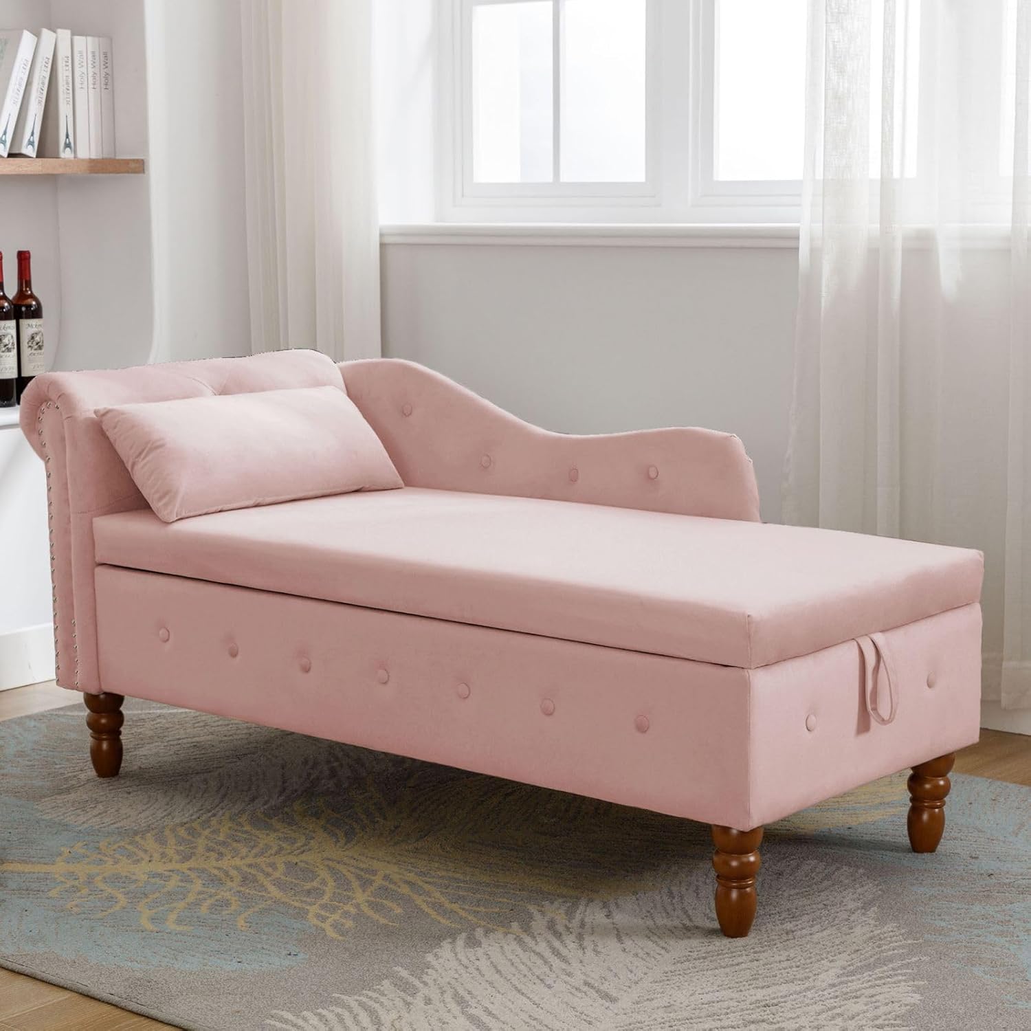 Aoowow Pink Velvet Bedroom Storage Bench End of Bed,Rolled Arm Couch Indoor Chaise Lounge Chair with Storage for Office Bedroom Living Room,Button Tufted Entryway Window Seating Bench (Pink)