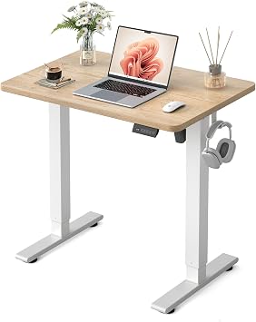 FEZIBO Small Standing Desk, 32 19 Inches Electric Height Adjustable, Sit and Stand Up, Computer Office Desk with Splice Board, White Frame/Maple Top