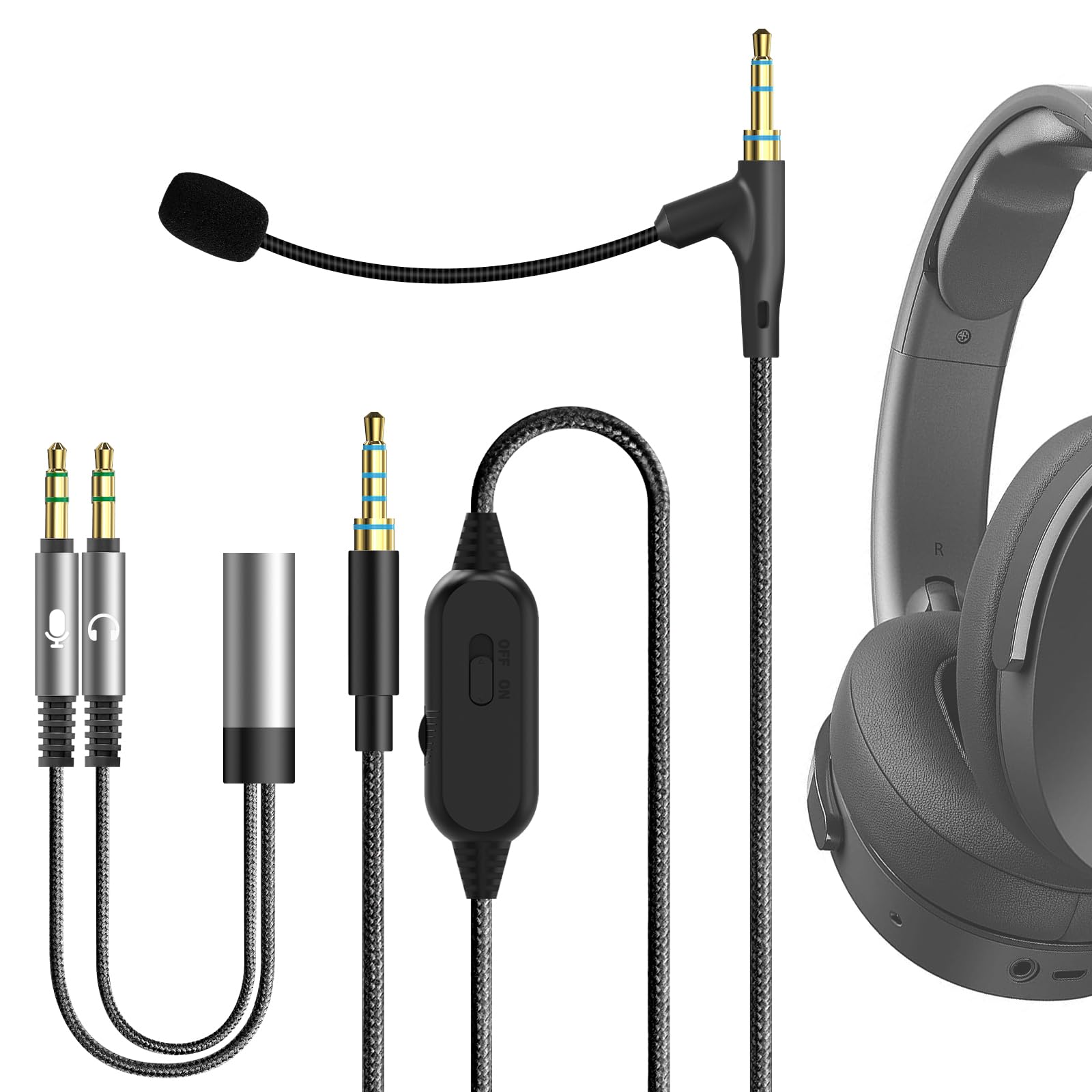 Boom Mic Headphones Cable Compatible with ATH, Skullcandy, Soundcore, Beats 3.5mm Jack Nylon Braided Replacement Cord with Boom Microphone for Gaming & Meeting (5.6 ft)