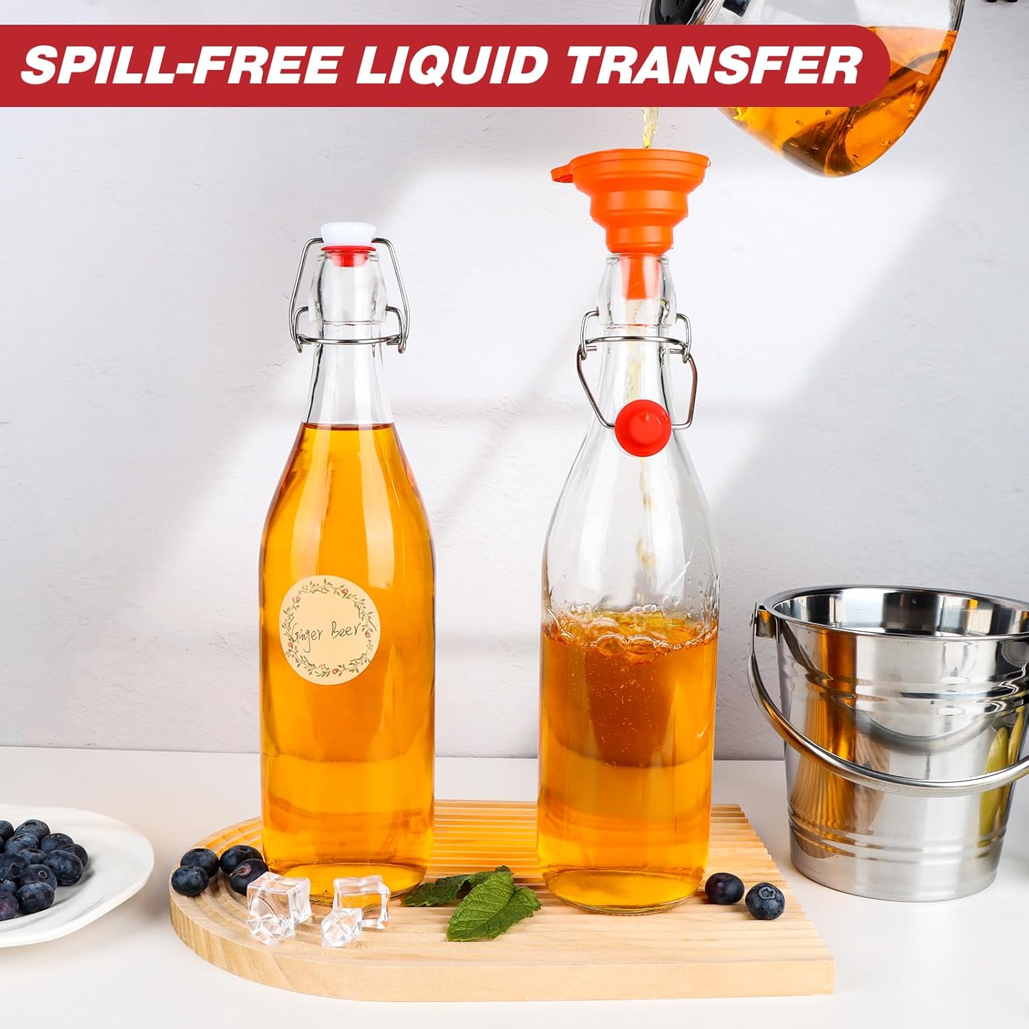 1 Liter Swing Top Glass Bottles, 4 Pack 33 oz Flip Top Bottles with Airtight Stopper for Home Brewing, Kombucha, Beer, Kefir, Beverages - Image 6