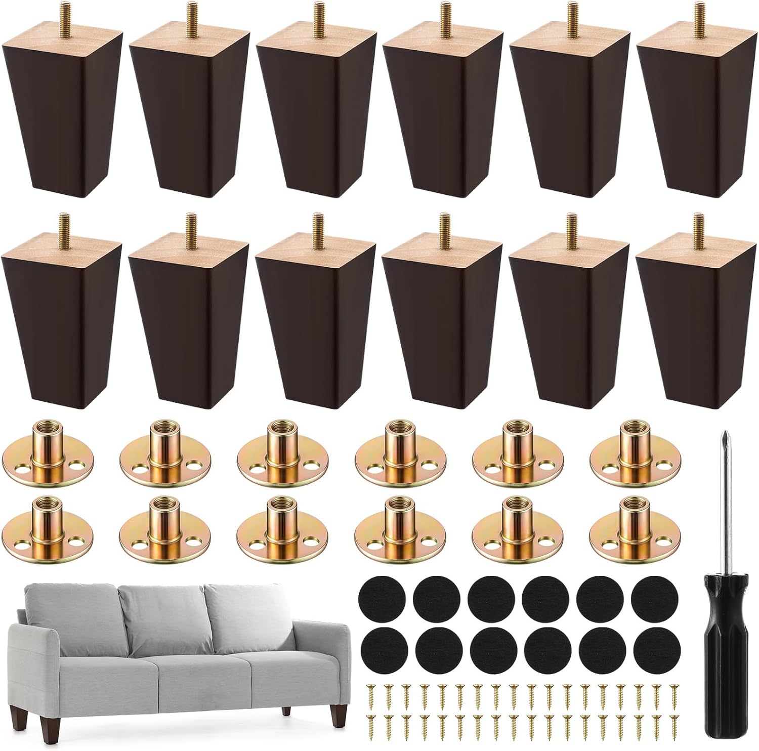 Kigley Set of 12 Wood Furniture Legs 4 Inch Sofa Leg Solid Square Couch Feet Mid-Century Bed Legs Replacement for Sofa Armchair Recliner Coffee Table Dresser (Burlywood)(Brown)