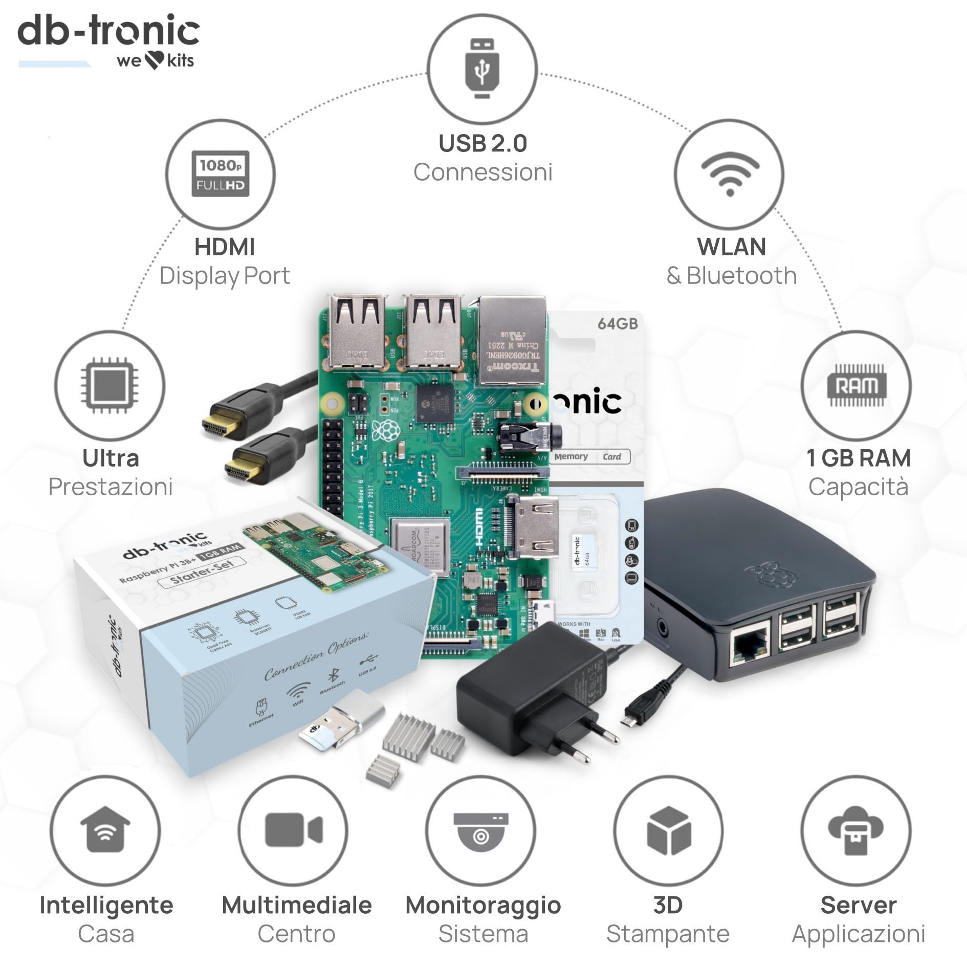 db-tronic Raspberry Pi 3 B 1 GB Starter Kit | 64 GB | Alimentatore | Alloggiamento | cavo HDMI 1 m | Lettore USB | Dissipatori | ideale per Home Assistant e la smart home