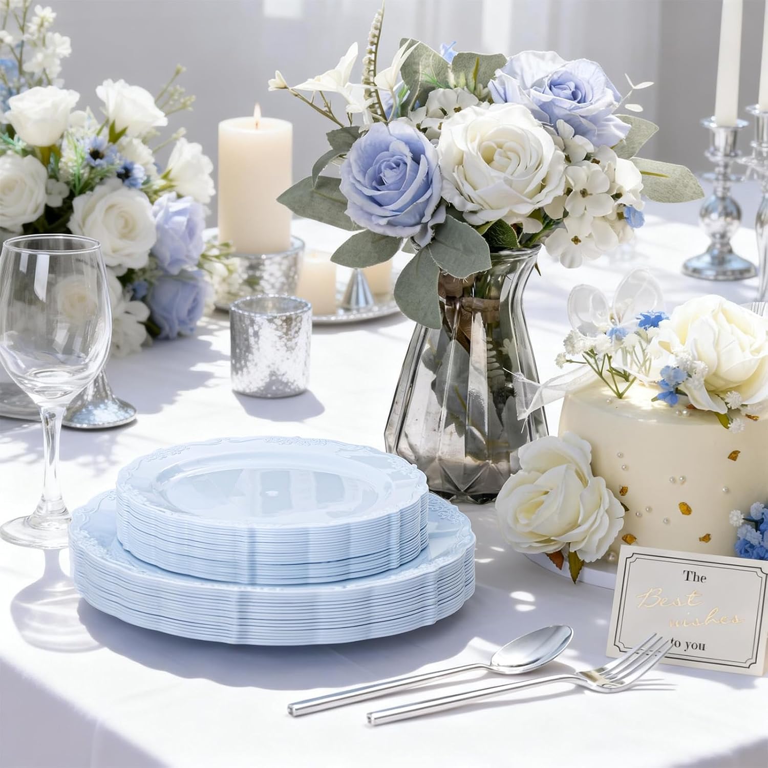 Tinybee 60PCS Light Blue Plates - Heavy Duty Baby Blue Plates, Elegant Plastic Plates for Baby Shower, Birthday and Party Including 30 Dinner Plates 10 '' & 30 Dessert Plates 7.5 ''