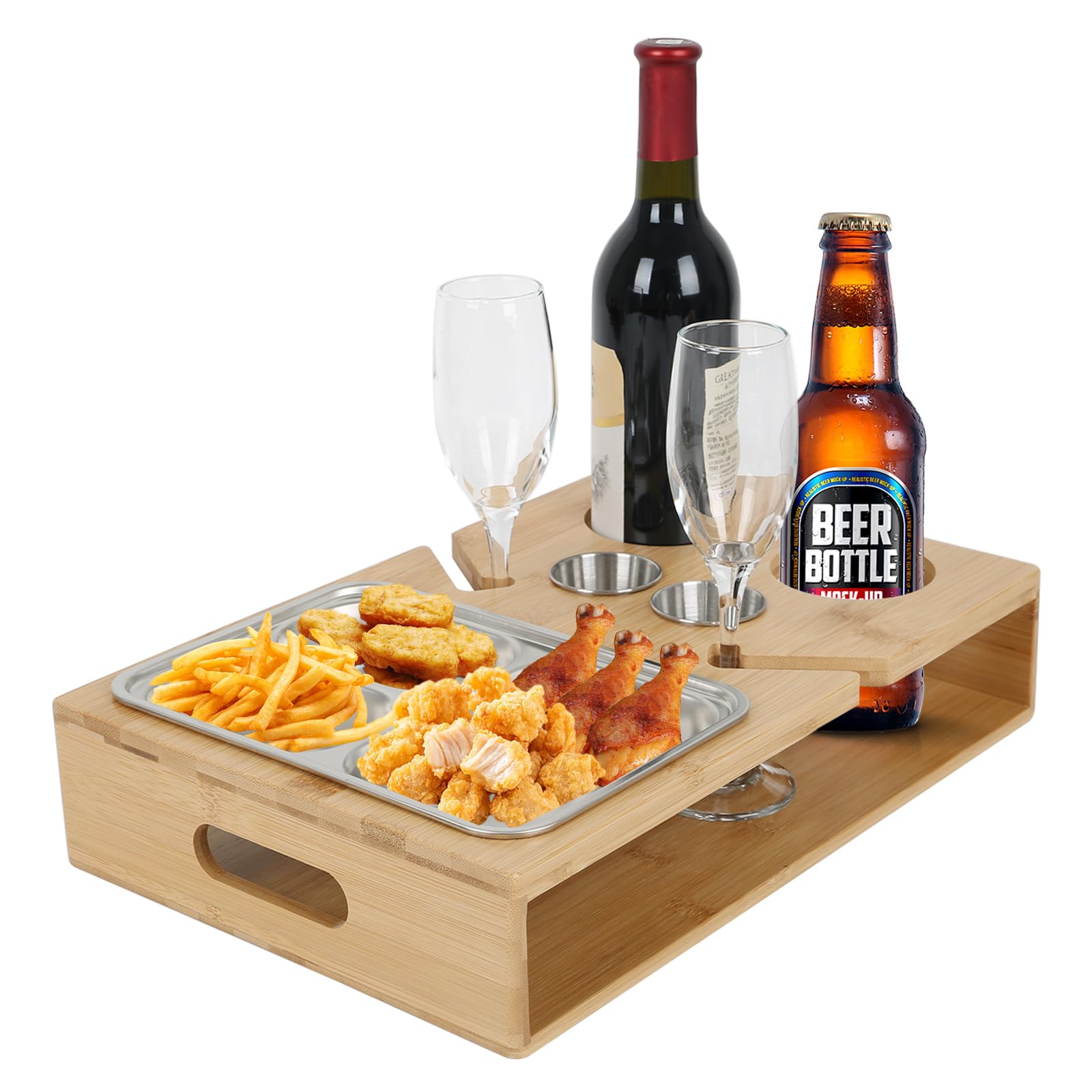 Couchbar Snackbox, Couch Bar mit Edelstahl-Snackschalen & Weinhalter, Snackbar Sofatablett, Holz Couch Snackbox, Weinhalter, Snackspender, Personalisiert Sofa Organizer