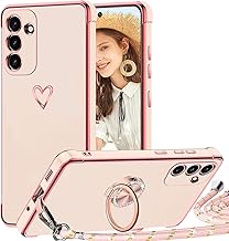 Case with Cord for Samsung Galaxy A34 5G, with 360 Degree Ring Stand, Shockproof Soft Silicone TPU Bumper Portable Protection Case with Adjustable Cord Necklace, Pink