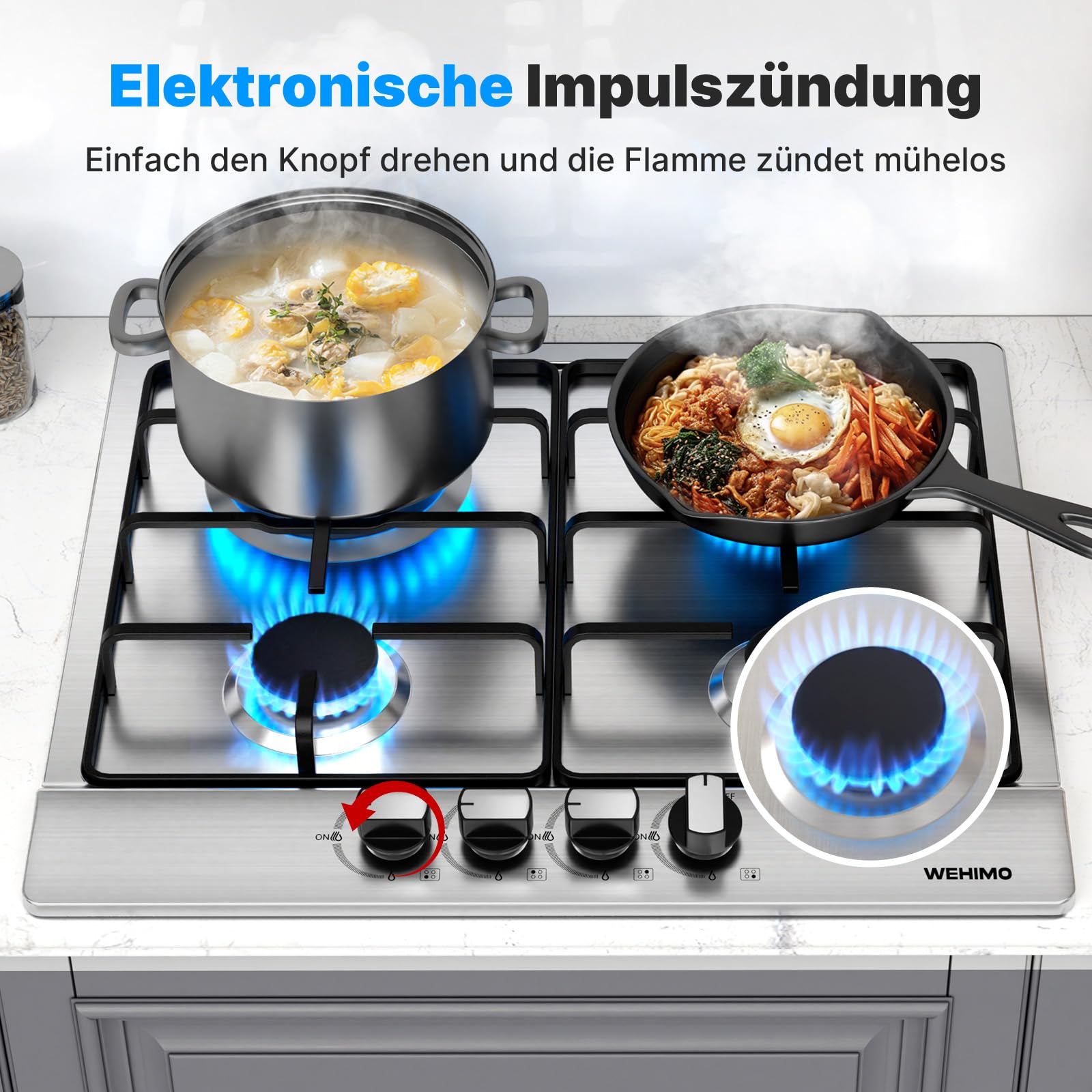 WEHIMO Domino płyta gazowa, 4-palnikowa płyta gazowa do zabudowy, 59 cm, 7200 W, 4 strefy grzewcze (2700 W + 1750 W + 1750 W + 1000 W), do wszystkich garnków