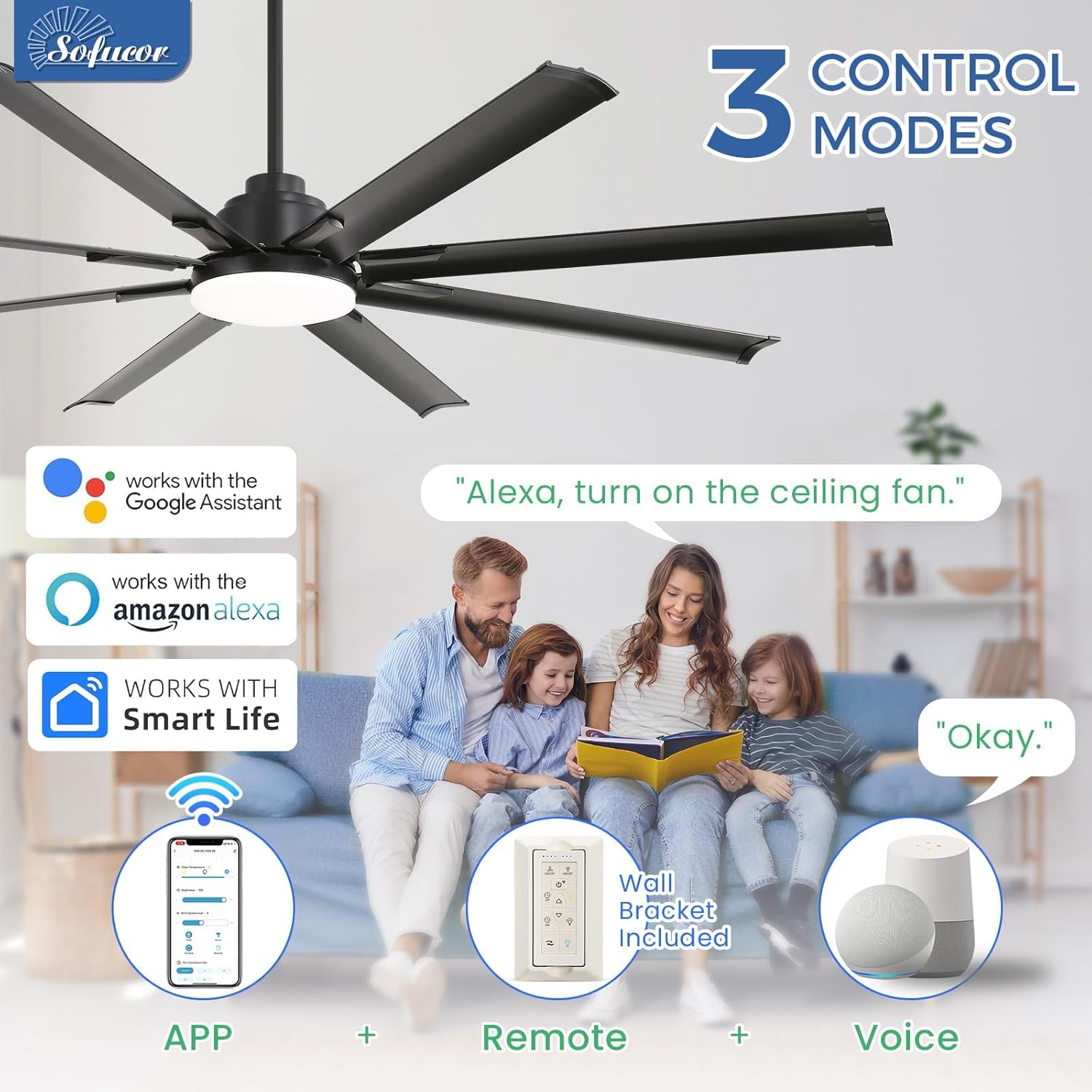 Sofucor 72 Inch Aluminum Smart Ceiling Fan with Light, 8 Blades Outdoor Black Ceiling Fan, Work with App/Alexa/Google, 6-Speed Reversible DC Motor for Industrial Large Garage Living Room Patio