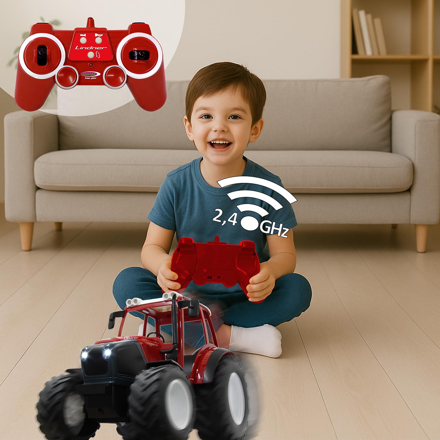 JAMARA Lindner Geotrac 405051 – 1:16 2,4 GHz – Son du Moteur réaliste (désactivable), avertisseur de recul, 2 Roues motrices, LED claires à l'avant, Clignotant, Fonction démo, Rouge