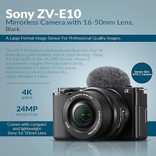 Miniatura 4 de Sony ZV-E10 APS-C Cámara sin espejo con lente E PZ 0.630-1.969 in f/3.5-5.6 OSS II, tarjeta SD de 64 GB, bolsa de hombro, kit de filtro de 1.594 in