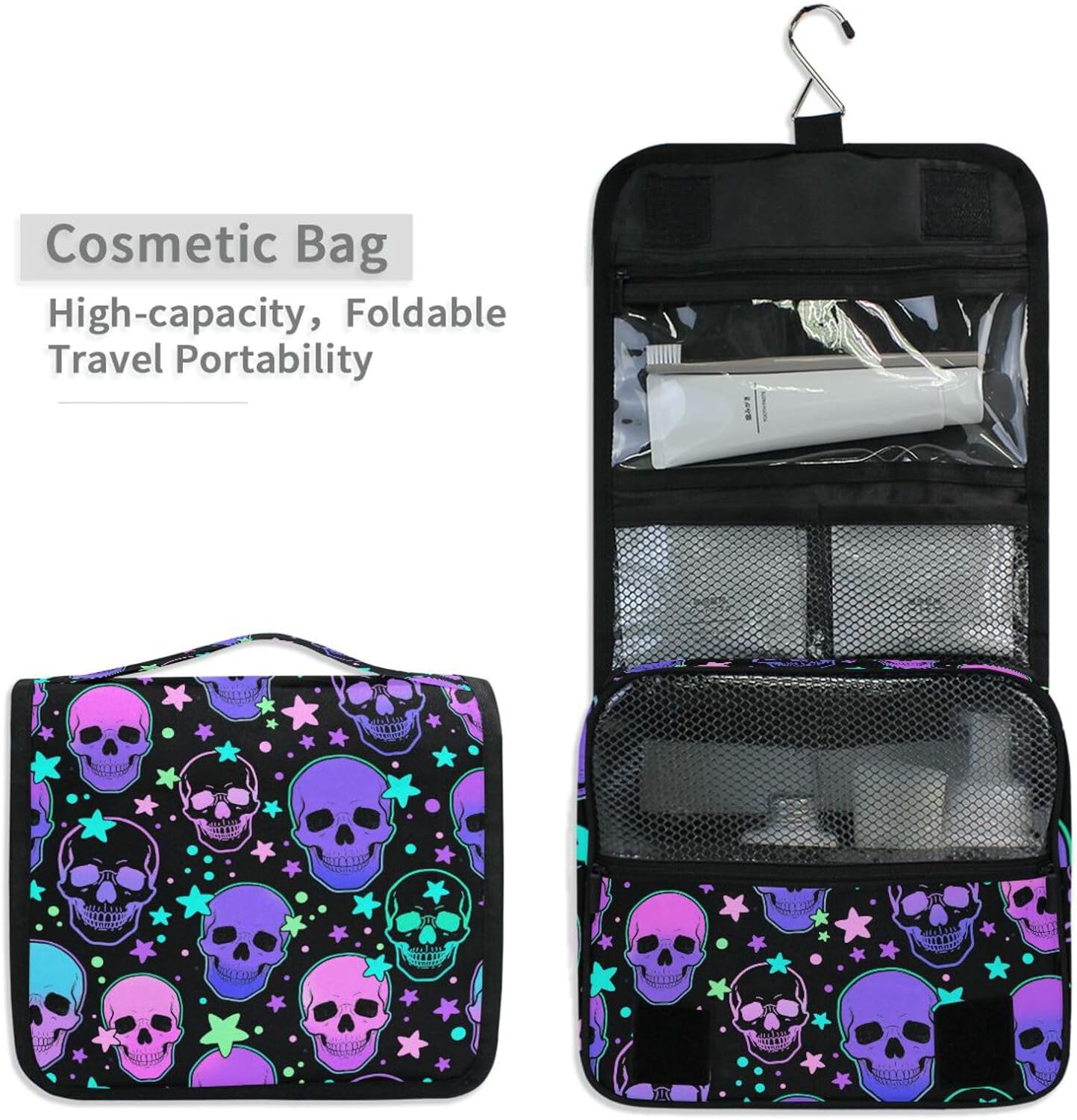 MNSRUU Hanging Toiletry Bag Stars Purple Skulls Travel Makeup bag for Toiletries Portable Travel Toiletry Organizer Cosmetic Bags with Hanging Hook