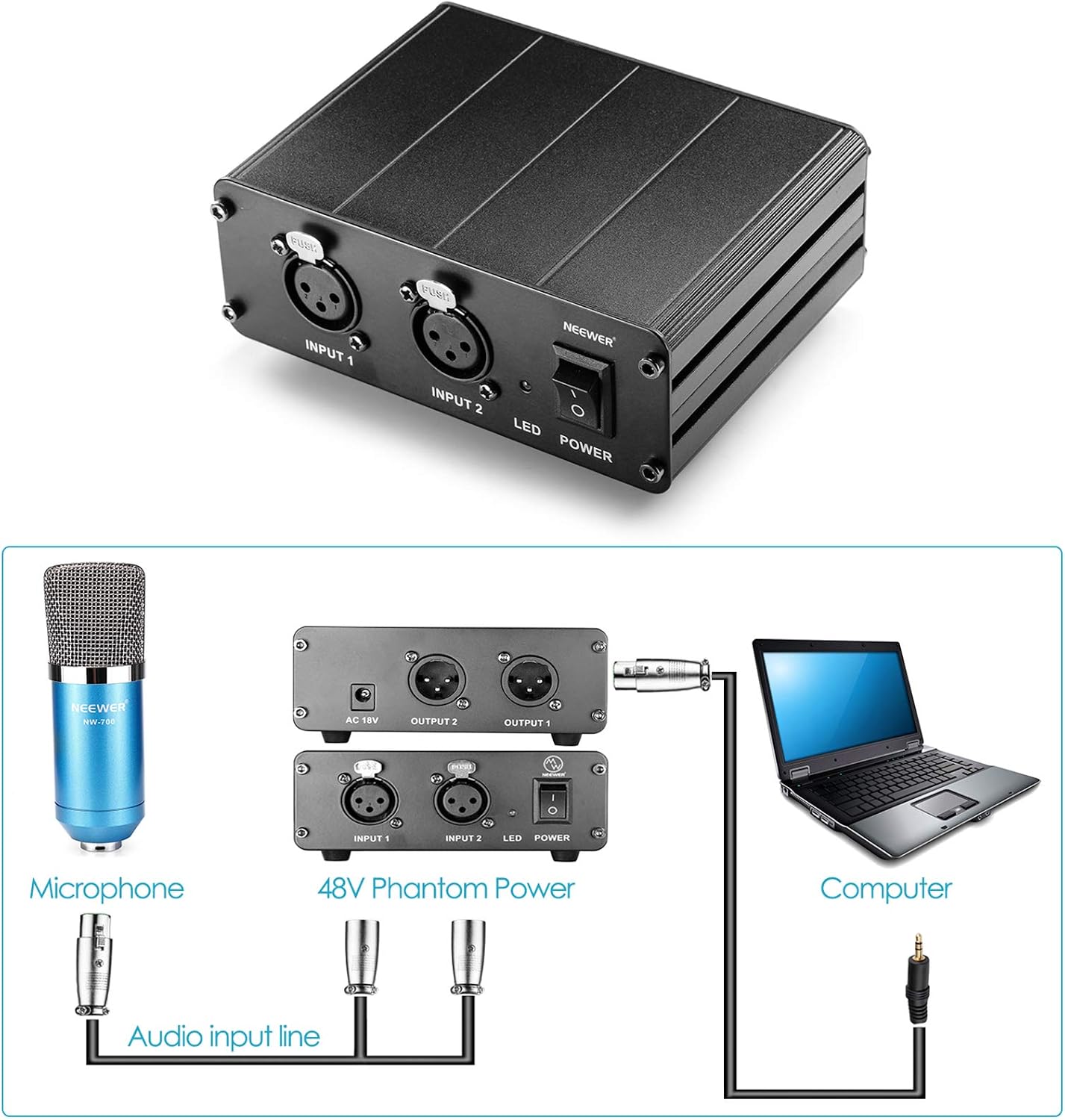 🔥 Crazy Deals Neewer 2-Channel 48V Phantom Power Supply with Power Adapter for Condenser Microphones, Transfer Sound Signal to External Sound Card