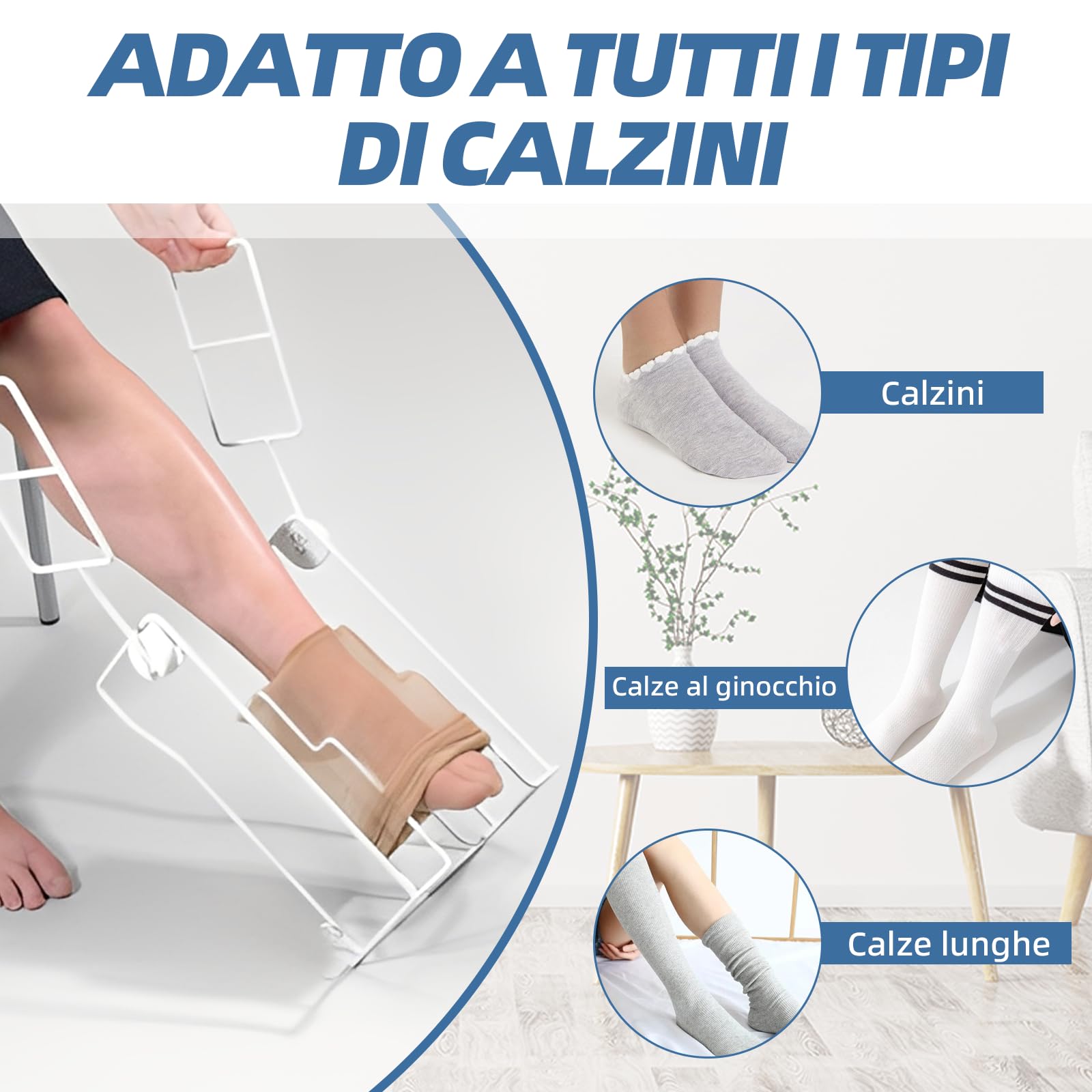 Calzettoni per calze, calzettoni con manico telescopico, per anziani, facile da indossare e togliere calze a compressione e collant, in metallo