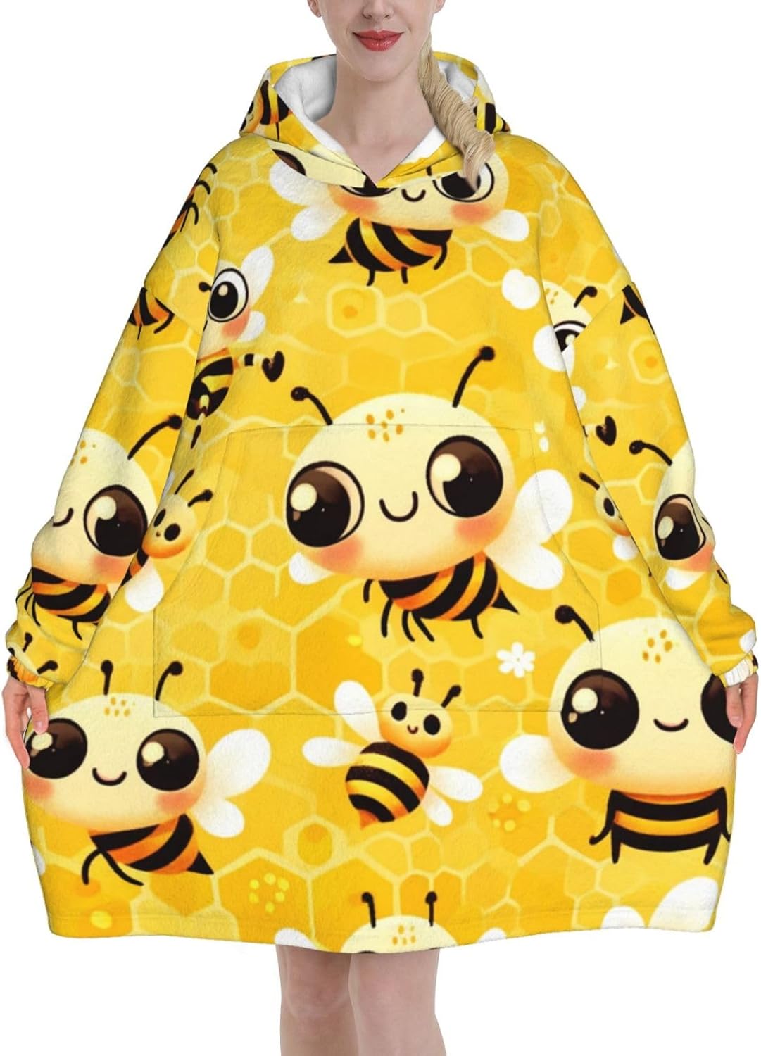 Augenstern Oversized Adult Long Sleeve Flannel Hoodie Blanket Bee-Honeycomb-Cute Soft Fuzzy Hooded Sweatshirt Lounging Pullover