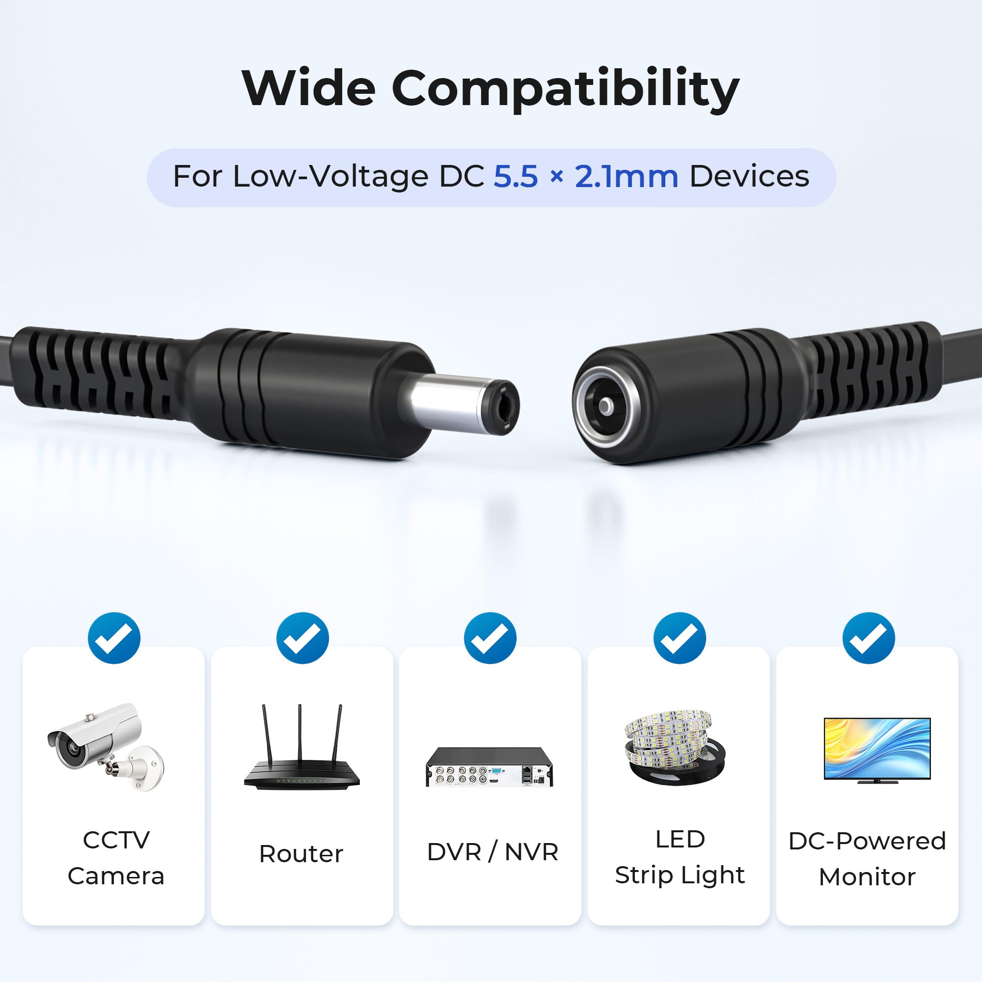 Basesailor Cavo Prolunga 12V DC 3M 2 Pezzi,Cable Filo Prolunga Piatto Lungo Adattatore Alimentazione DC 5,5mm x 2,1mm 5521,5V 9 Volt,Cavo Femmina a Maschio per Telecamera Sicurezza CCTV IP,DVR,LED