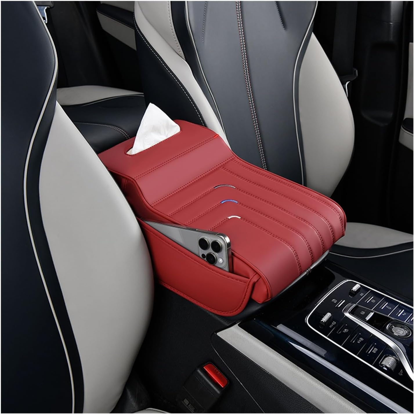 ELNas Car Center Console Armrest Pillow for Infiniti QX QX30 QX50 QX55 QX56 QX60 QX70 QX80, Auto Center Console Pad Leather Arm Rest Protector Cushion,Red
