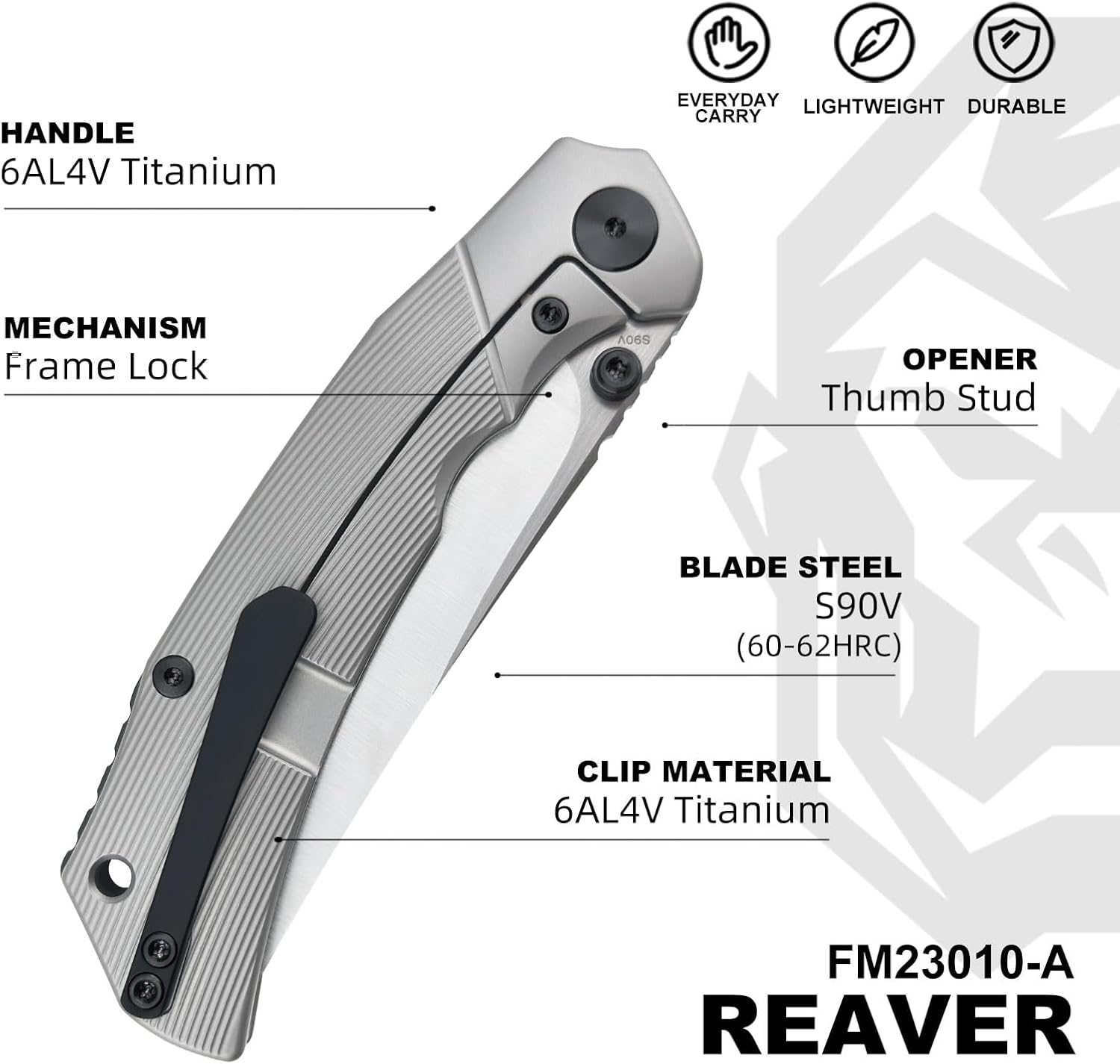 Reaver Titanium Pocket Knife, 3.82'' S90V Blade Titanium Handle Frame Lock Folding Pocket Knives, EDC Knife Gift for Men Women Outdoor Camping, Hiking, Fishing (Bead Blast & Black)