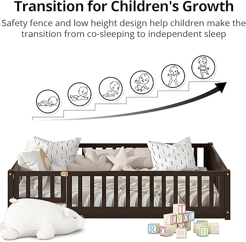 Miniatura 24 de Cama de suelo de tamaño matrimonial, marco de cama Montessori de madera maciza con barandillas en forma de valla y puerta pequeña y listones de