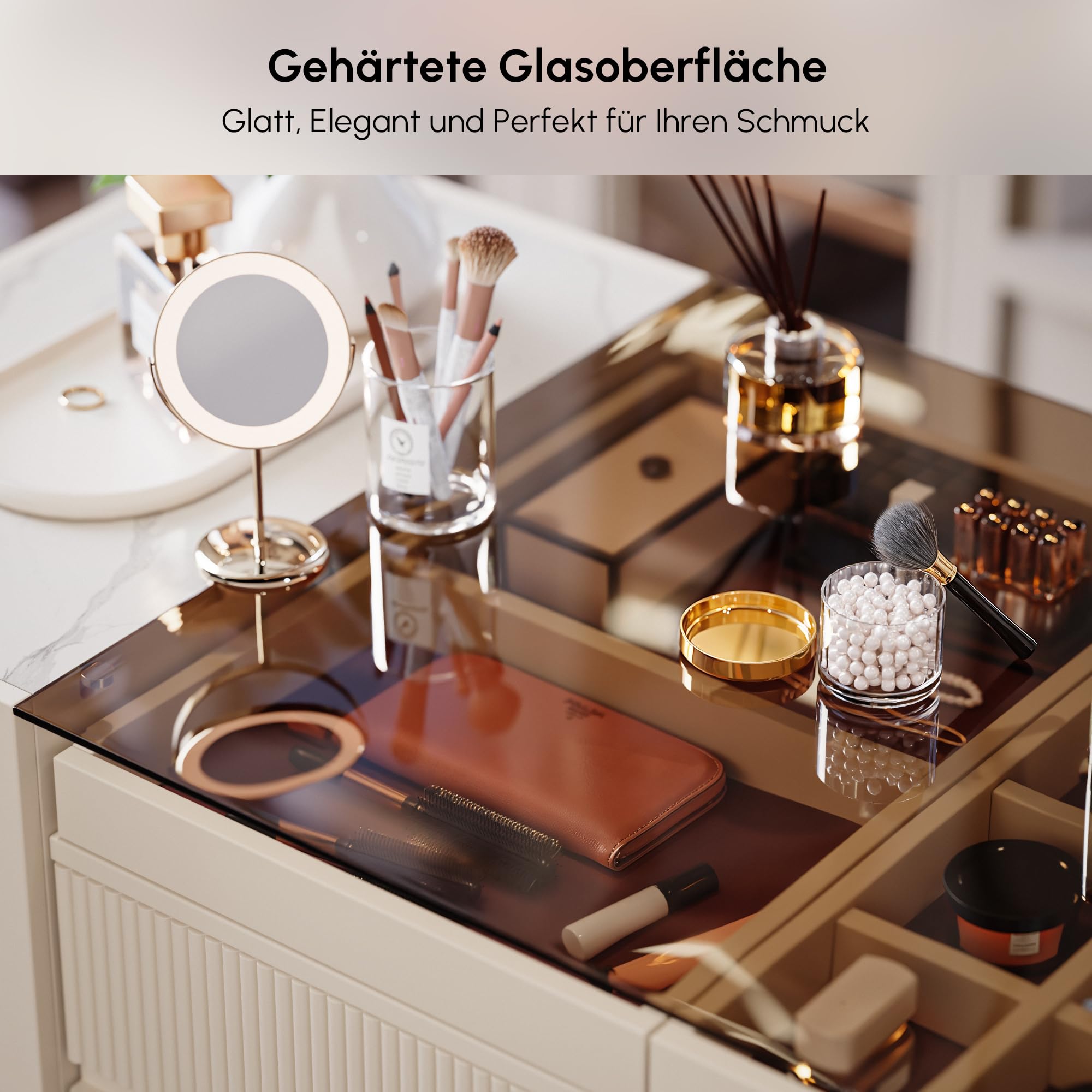 Homary 60 Zoll Insel Schmuckkommode mit Sinterstein & Glasplatte, 2 Schmuckfächern, 4 Schubladen, Türen & Regalen für begehbaren Kleiderschrank