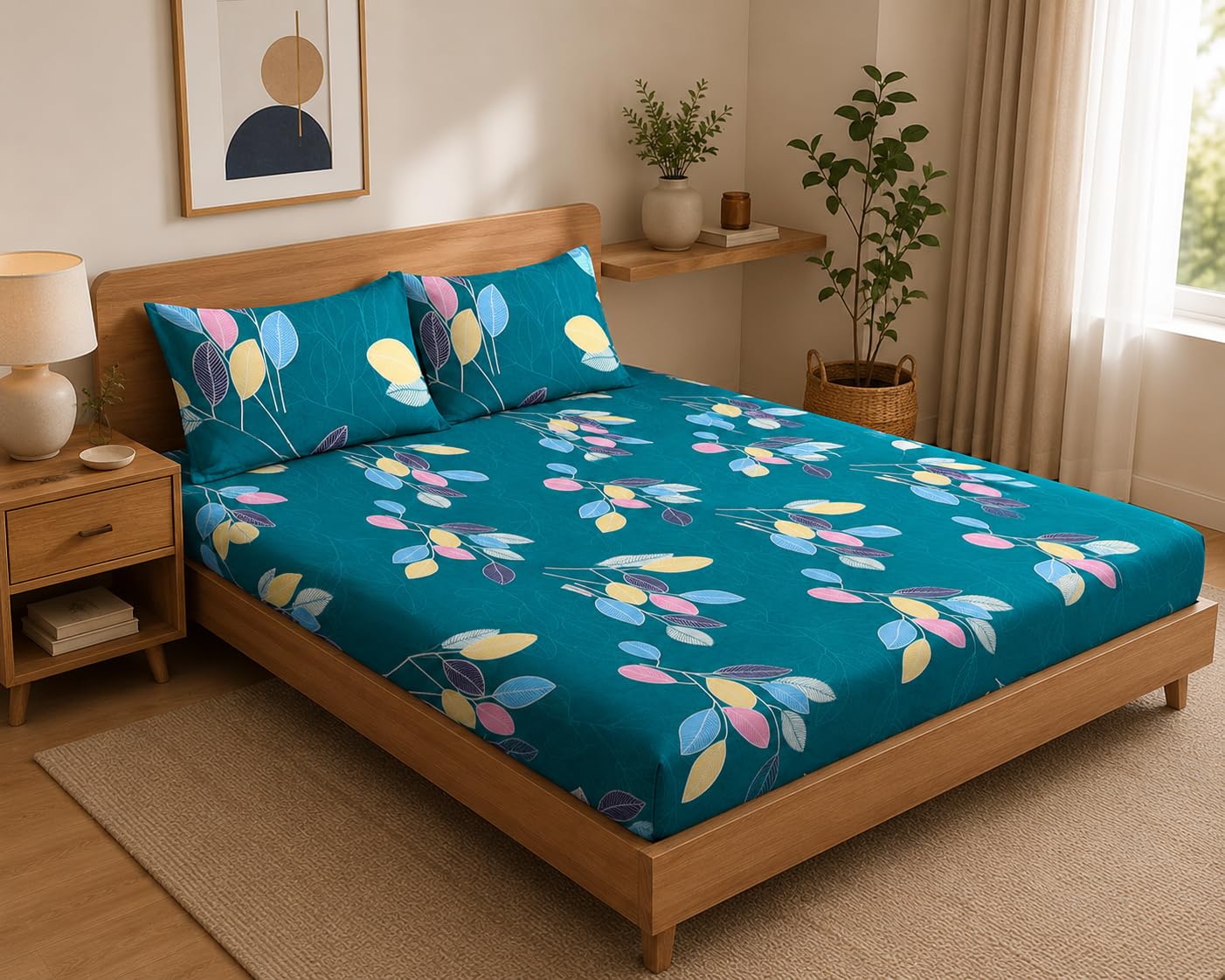 LOOMLYFE 300 TC Cotton Double Bedsheet with 2 Pillow Covers | 90x100 Inches King Size Bed Sheet | Soft, Breathable & Fade Resistant Bedding Set - GreenLeaves
