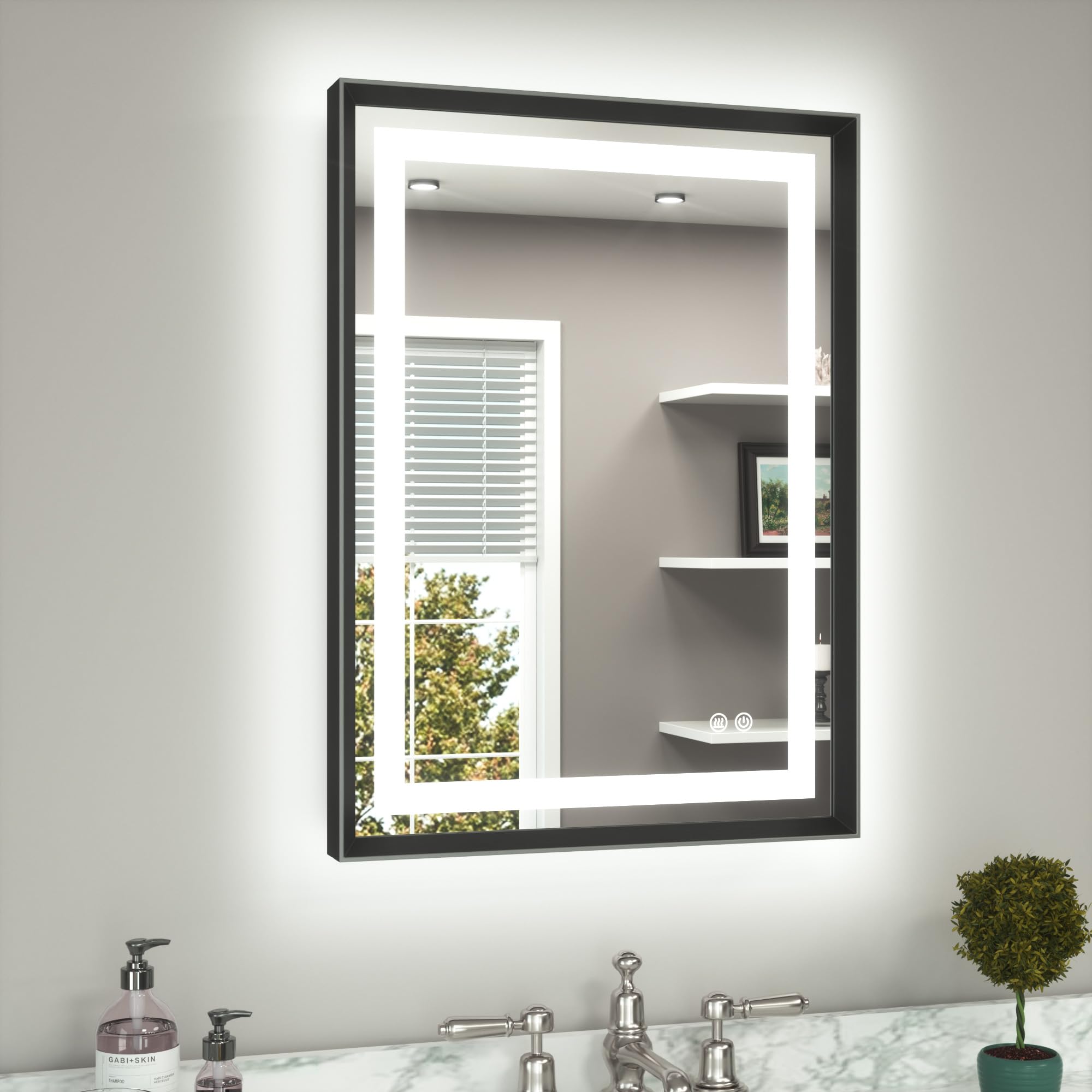 TETOTE 22 x 30 Bathroom LED Mirror Brushed Black Metal Frame Frontlit &amp; Backlit Vanity Mirror Anti-Fog Stepless Dimmable 3 Colors White/Warm/Natural Mirror with Lights Wall-Mounted