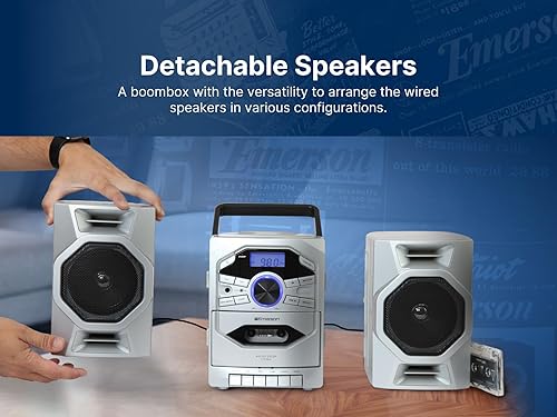 Miniatura 7 de Emerson Boombox reproductor de CD portátil con reproductor de cassette, grabadora de cinta, radio AMFM, entrada AUX MP3, altavoces desmontables,