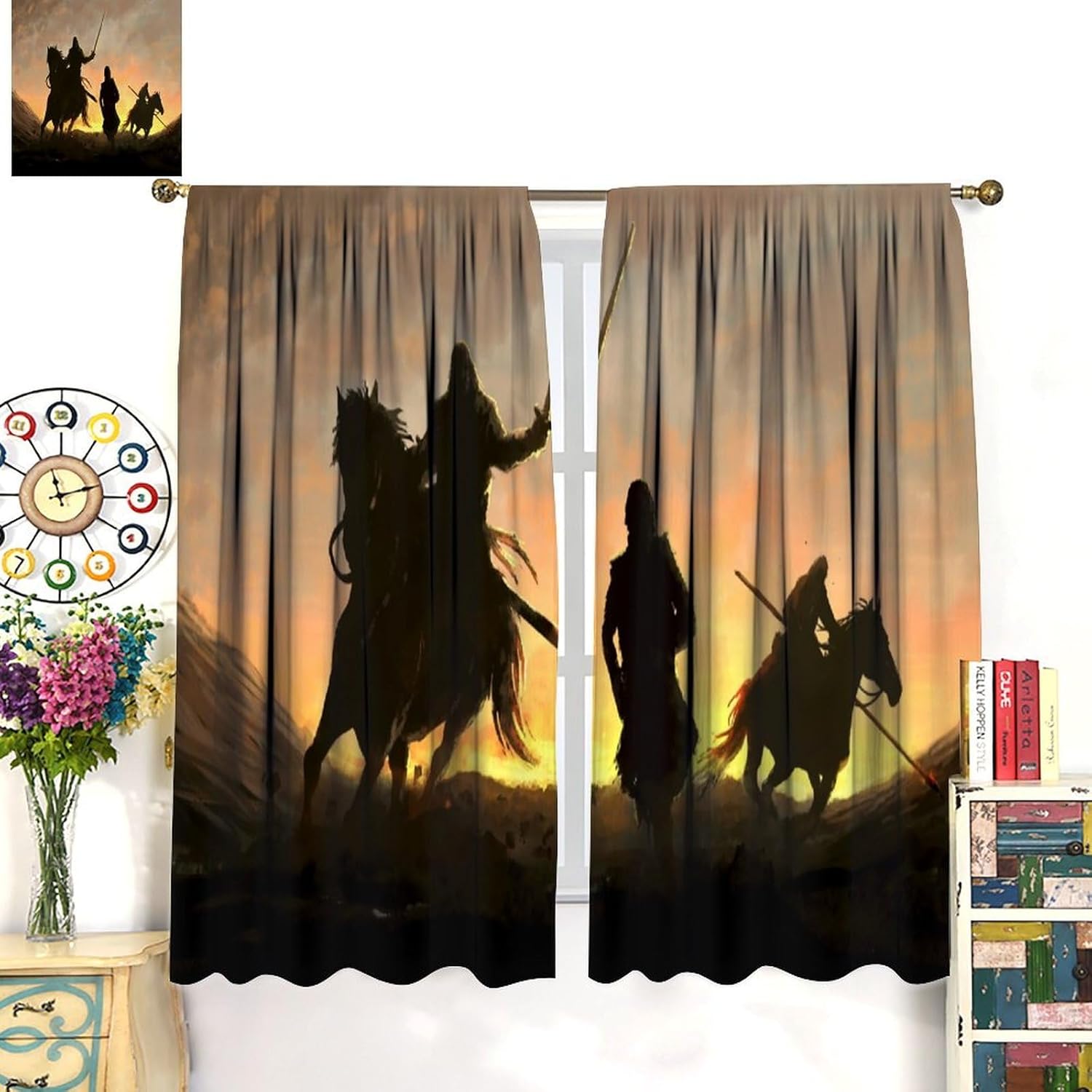 Knight Blackout Window Curtain，Riders with A Spear and A Sword Pursue A Warrior Fleeing from Them for Children Room Bedroom Curtains Drapes 2 Panels 63x72in, Style-5
