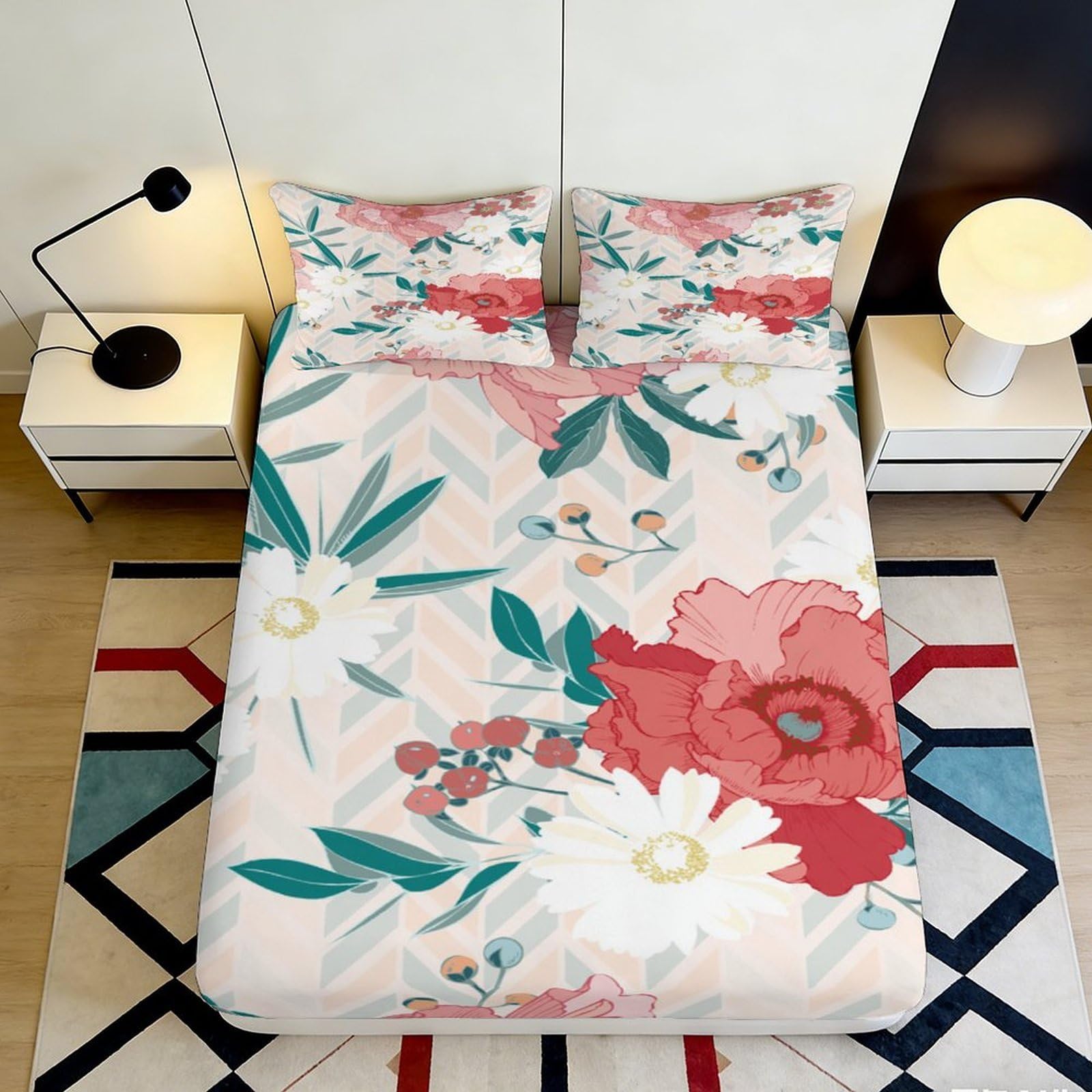 3D Printed Floral Garden Fitted Sheet Microfiber Soft Breathable Blossom Mattress Cover for Bedroom Guest Room Decor 119 120x200x25cm