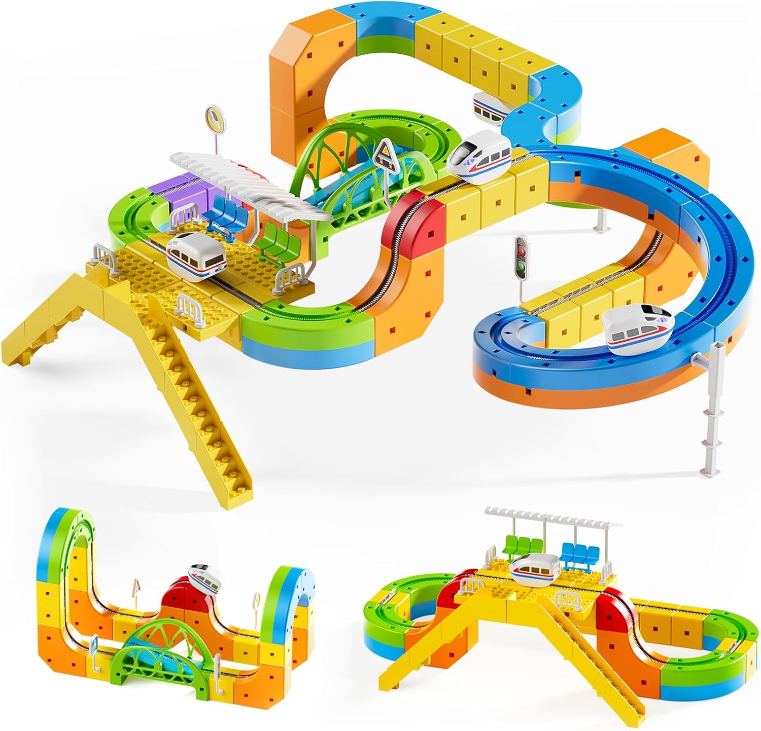 Upgrade Electric Train Set, 3D Cube Track-DIY Rail Cube Block Kit, 113PCS STEM Gravity-Defying Motorized Trains Race Tracks Toys Gift for Kids Boys Girls Age 3 4 5 6 7 8+