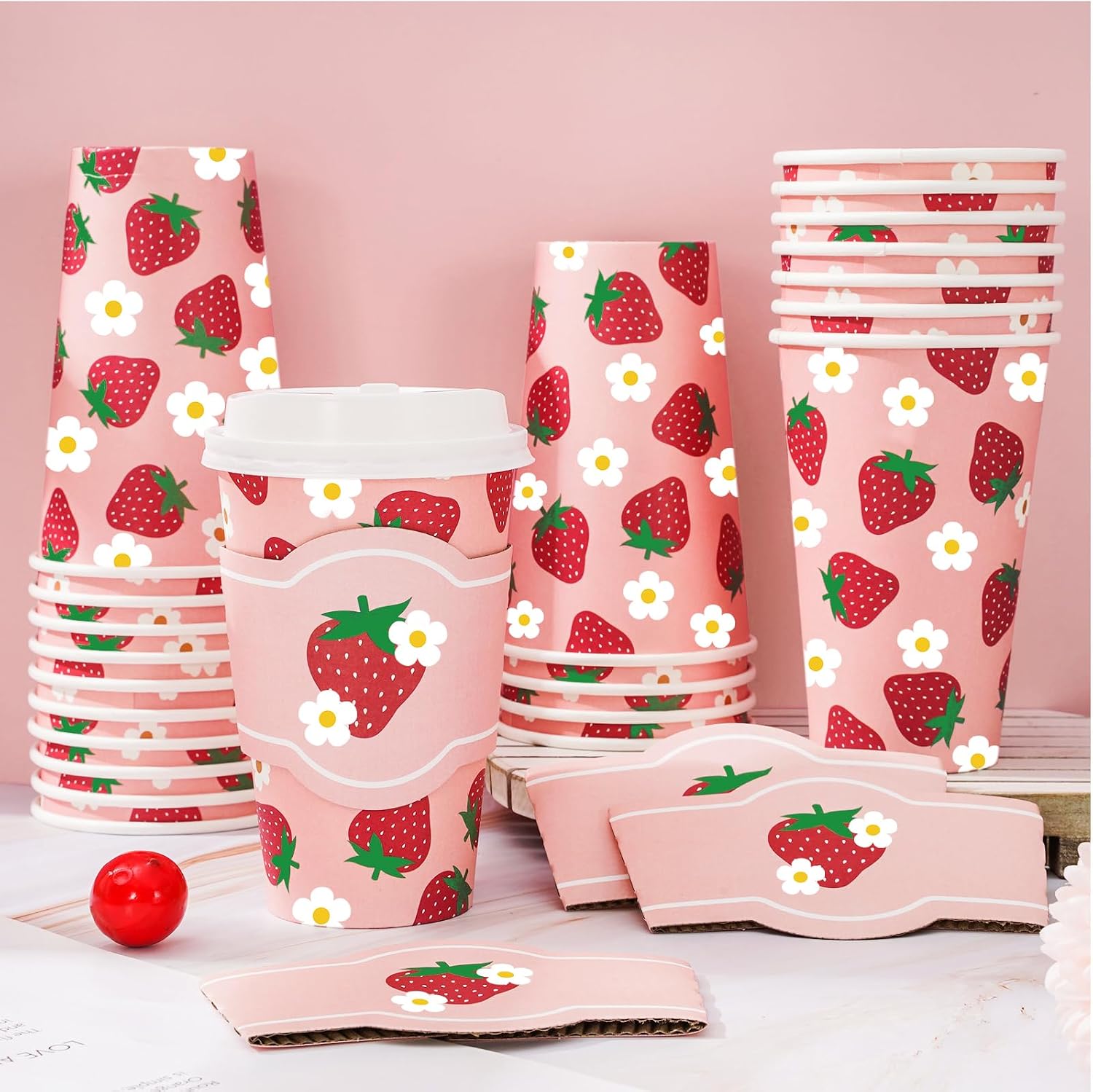 JarThenaAMCS 48 Pack Strawberry Disposable Coffee Cups with Lids and Sleeves Red Pink Fruit Flower Paper Drinking Cups for Spring Summer Birthday Party Supplies image 4
