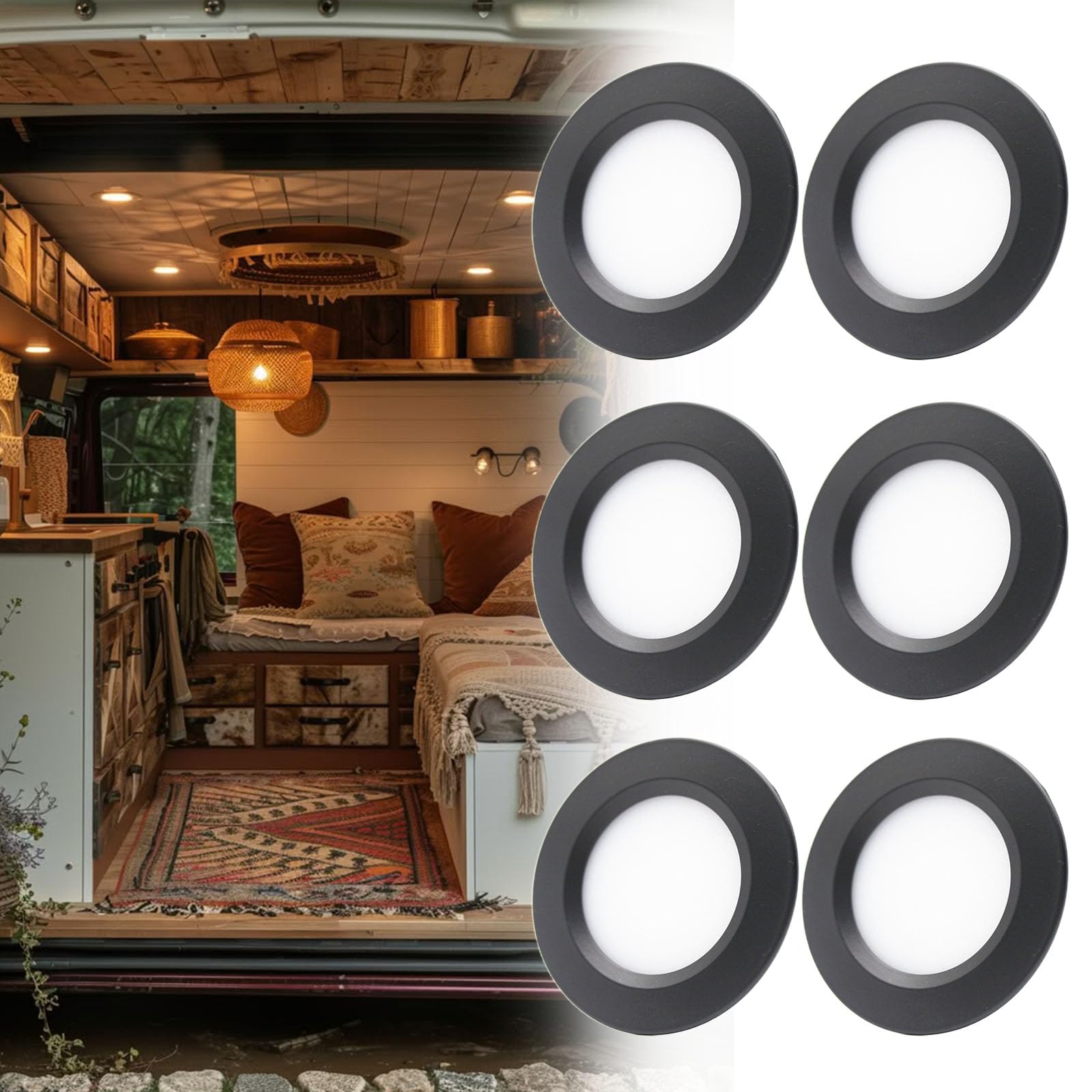 12V Campervan Encastré LED Mont Plafond Lumières Dimmable Lumières Tache 3W 3000K Lumière Chaude Pour T4 T5 Caravane Bateau Yacht Caravane Cabine Sous CRI 92+ 6 Pièces Noir