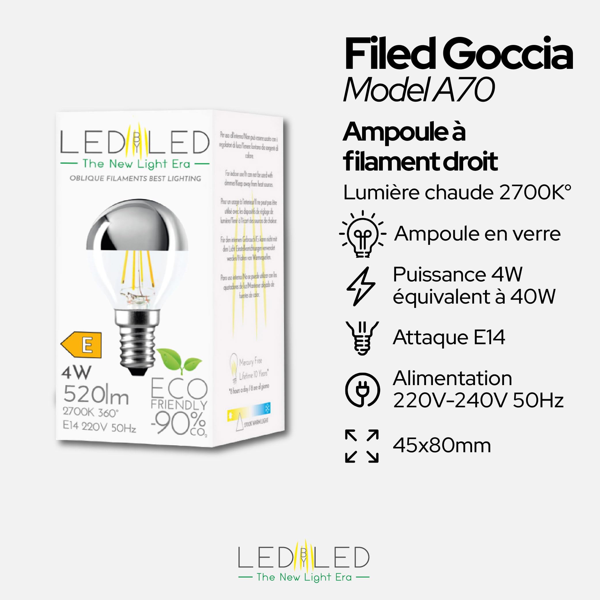 Ampoule goutte miroir 4W équivalente à 40W, E14, verre miroir transparent argenté, 2700K lumière chaude, filament LED droit, 780 lumens, lot de 10 pièces