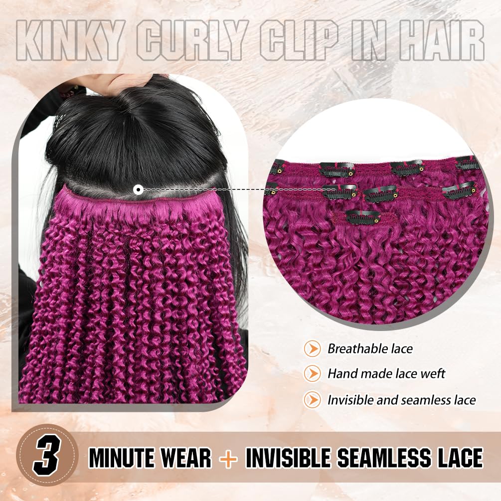 4Pcs Colored Afro Kinky Curly Clip in Hair Extensions Real Human Hair, 10 Inch 50g Purple, Lace Invisible Seamless & Thicken, 4B 4C Remy Clip Ins for Women