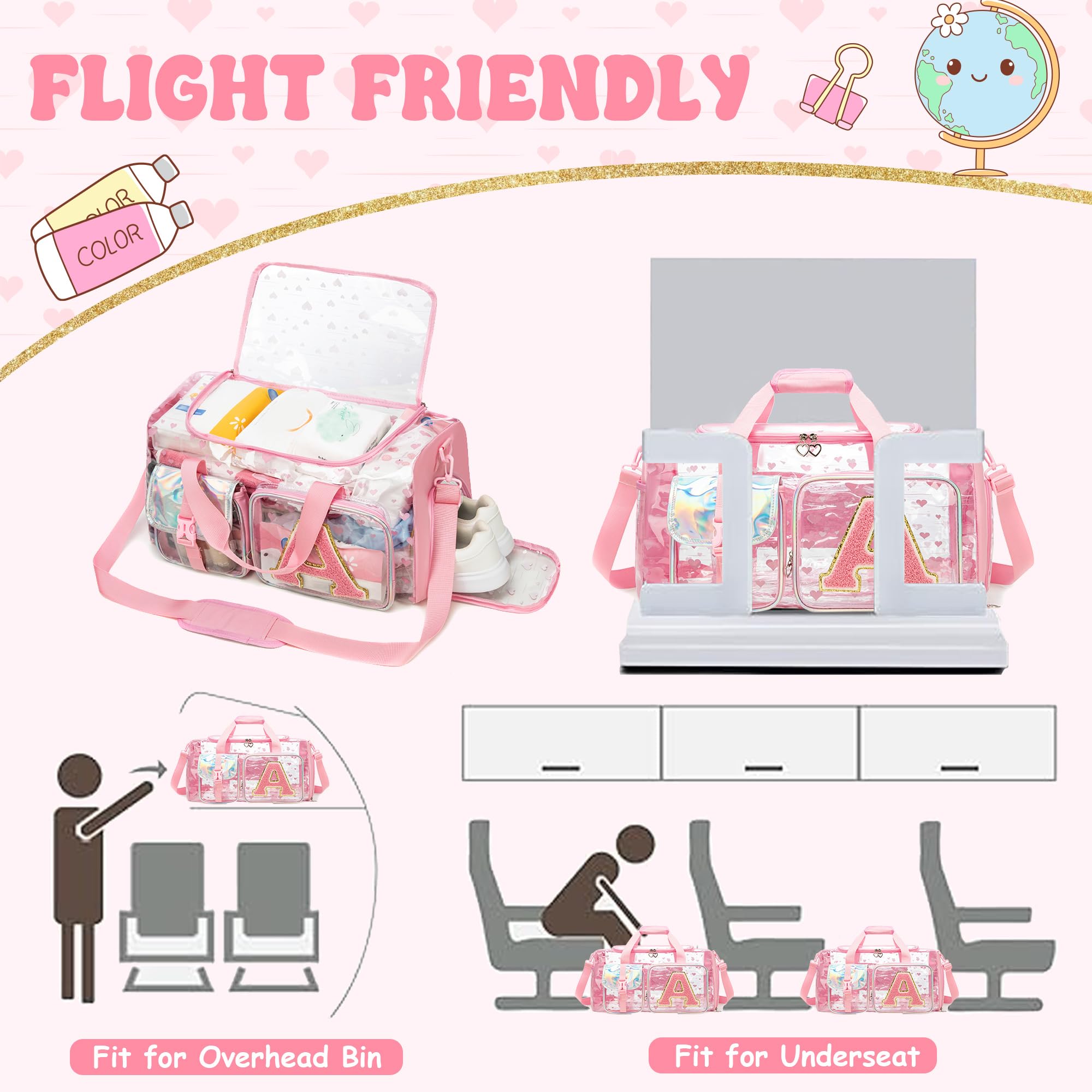 HTgroce Borsone Palestra Bambina Iniziale A Personalizzato Trasparente– Borsa Piscina con Scomparto Scarpe – Borsa da Viaggio Ragazza per Danza, Nuoto e Sport – Duffel Bag