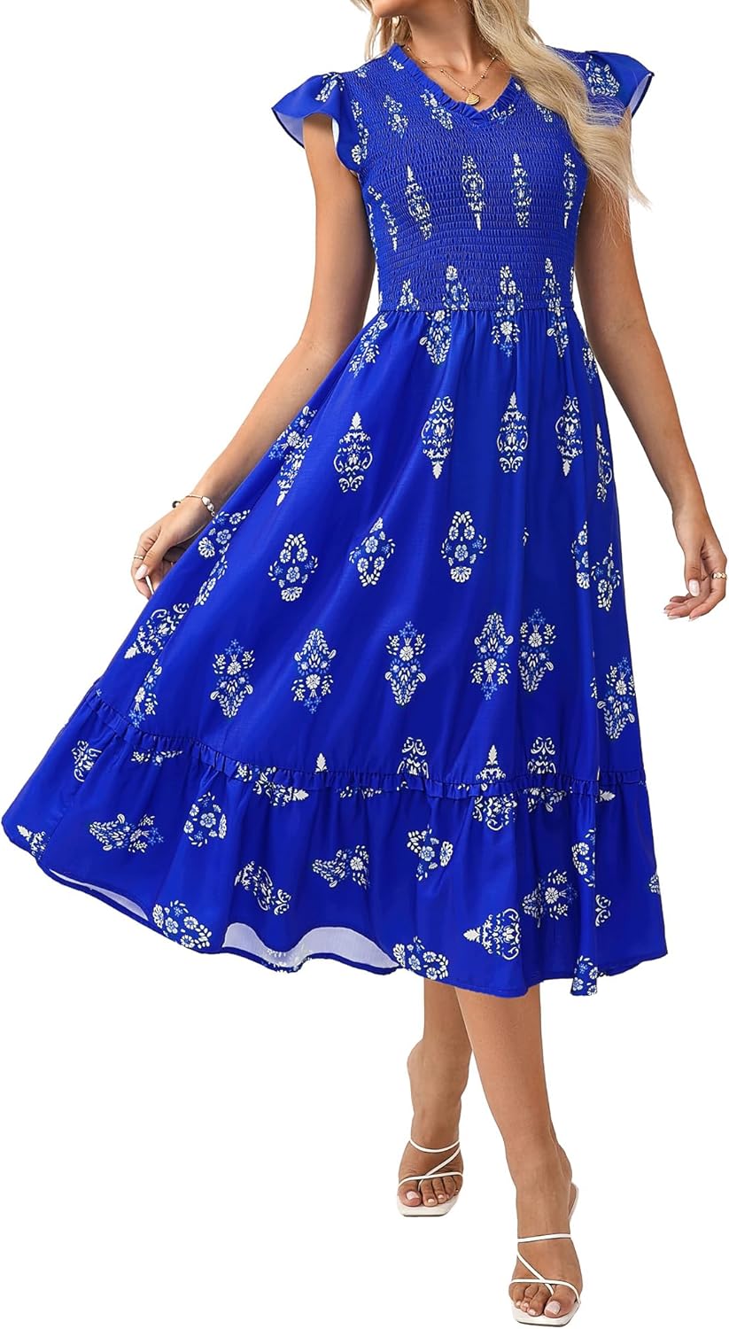 GRACE KARIN 2026 Summer Casual Dresses for Women,Flutter Short Sleeve Wedding Guest Dresses,V Neck Smocked Tiered Midi Dress