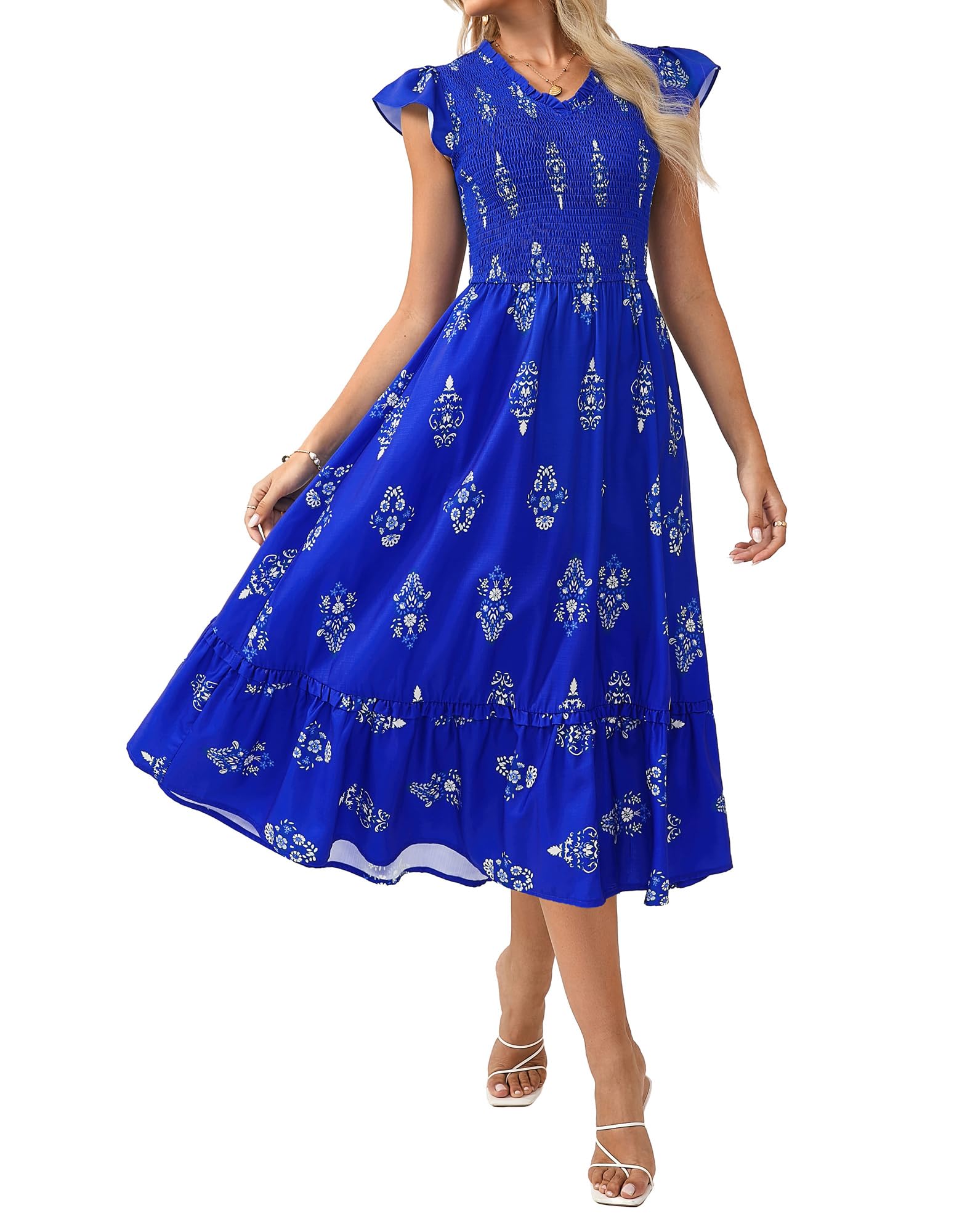 GRACE KARIN 2026 Summer Casual Dresses for Women Flutter Short Sleeve Wedding Guest Dresses V Neck Smocked Tiered