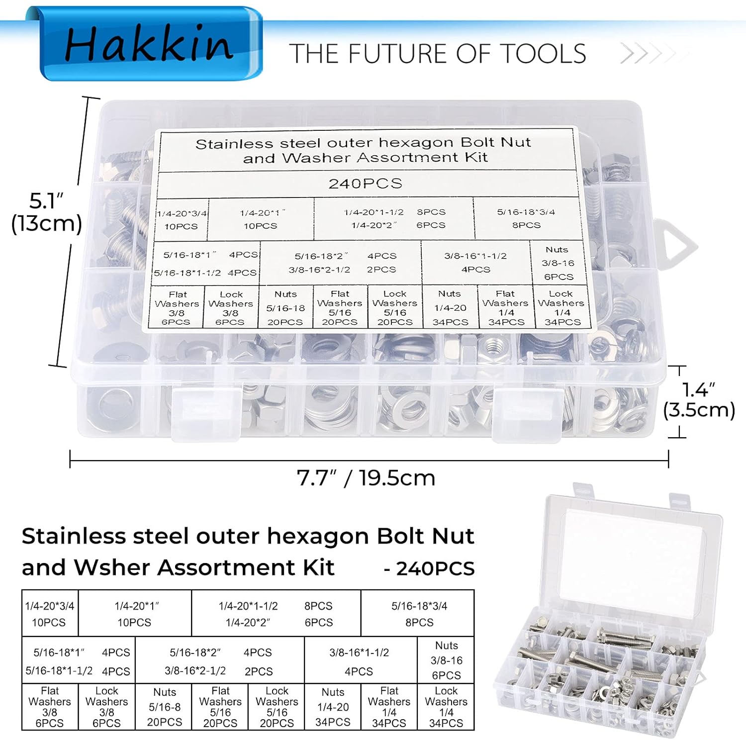 Hakkin 240PCS Stainless Steel 3/8" 1/4" 5/16", 10 SAE Sizes Machine Screws Set, 330PCS SAE 1/4-20 UNC Hex Socket Button Head Cap Screw Bolts Flat Washers Nuts Assortment Kit (570PCS in Total)