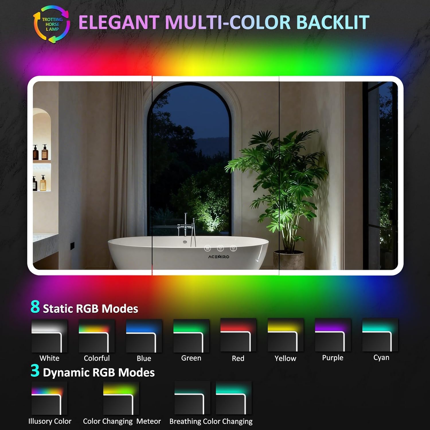 ACEMIRO 60×32 Inch Lighted Medicine Cabinet with Mirror, RGB Backlit LED Medicine Cabinet with 3-Color Front Lights, Bathroom Mirrored Cabinet with Electrical Outlet, Defogger, Three Door