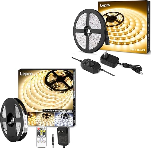Lepro Paquete - 2 artículos tira de luz LED blanca sintonizable de 3000K-6000K, regulable de 16.4 pies y tira de luz LED de 3000 K, 16.4 pies