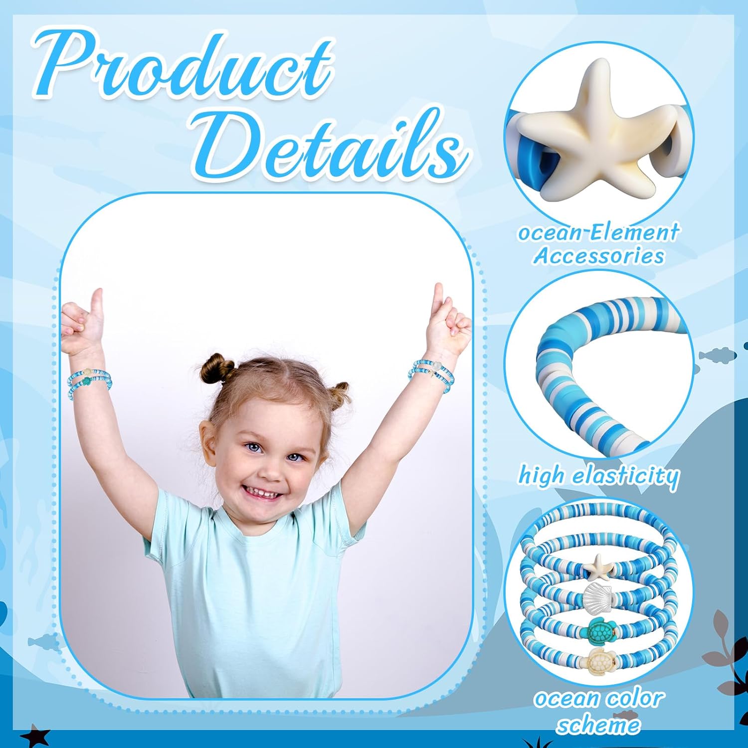 24 Sets Under the Sea Party Favors Sea Shell Turtle Beads Bracelet with Summer Cards Ocean Polymer Clay Beaded Bracelets Bulk for Boho Summer Hawaiian Beach Vacation