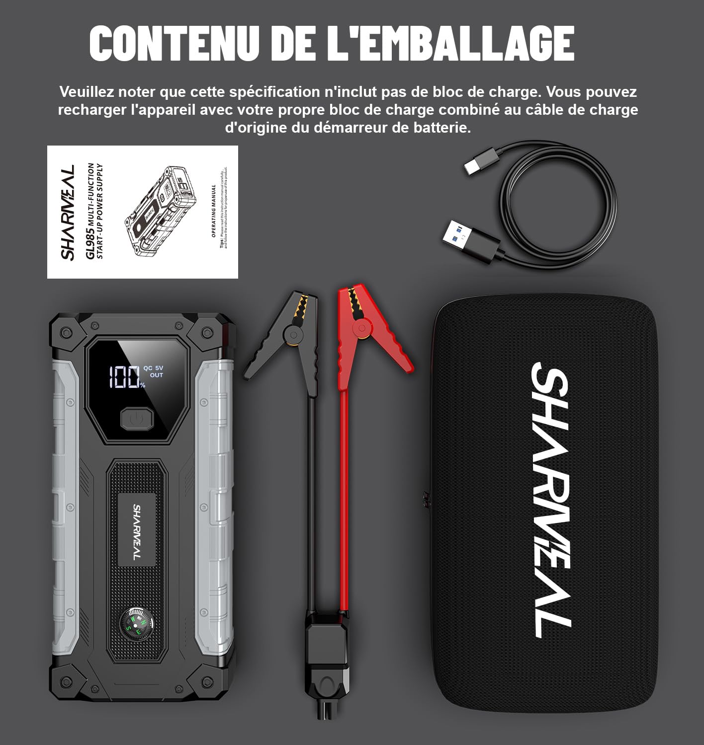 Sharmeal Booster Batterie Voiture 10000A, Démarreur Batterie Voiture Portable(Tout Essence ou 10L Diesel), 12V Jump Starter, Pinces de Sûreté Intelligentes, Grand Écran LCD, 400 Lumière LED 3 Modes